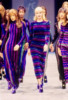 F/W 1993 Gianni Versace Couture Blue Purple Green Red Stripe Velvet Mini Dress