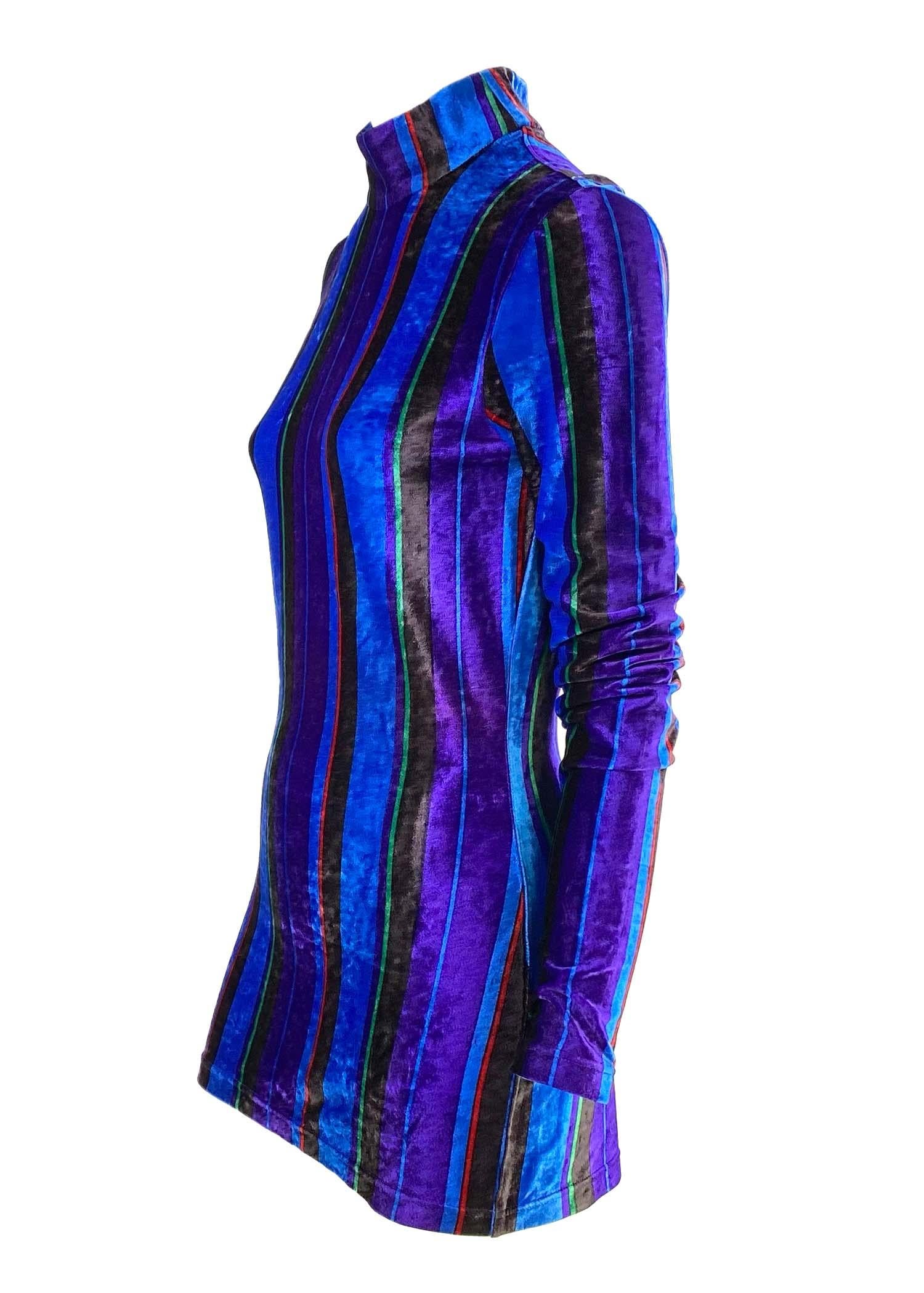 F/W 1993 Gianni Versace Couture Blue Purple Green Red Stripe Velvet Mini Dress In Excellent Condition For Sale In West Hollywood, CA