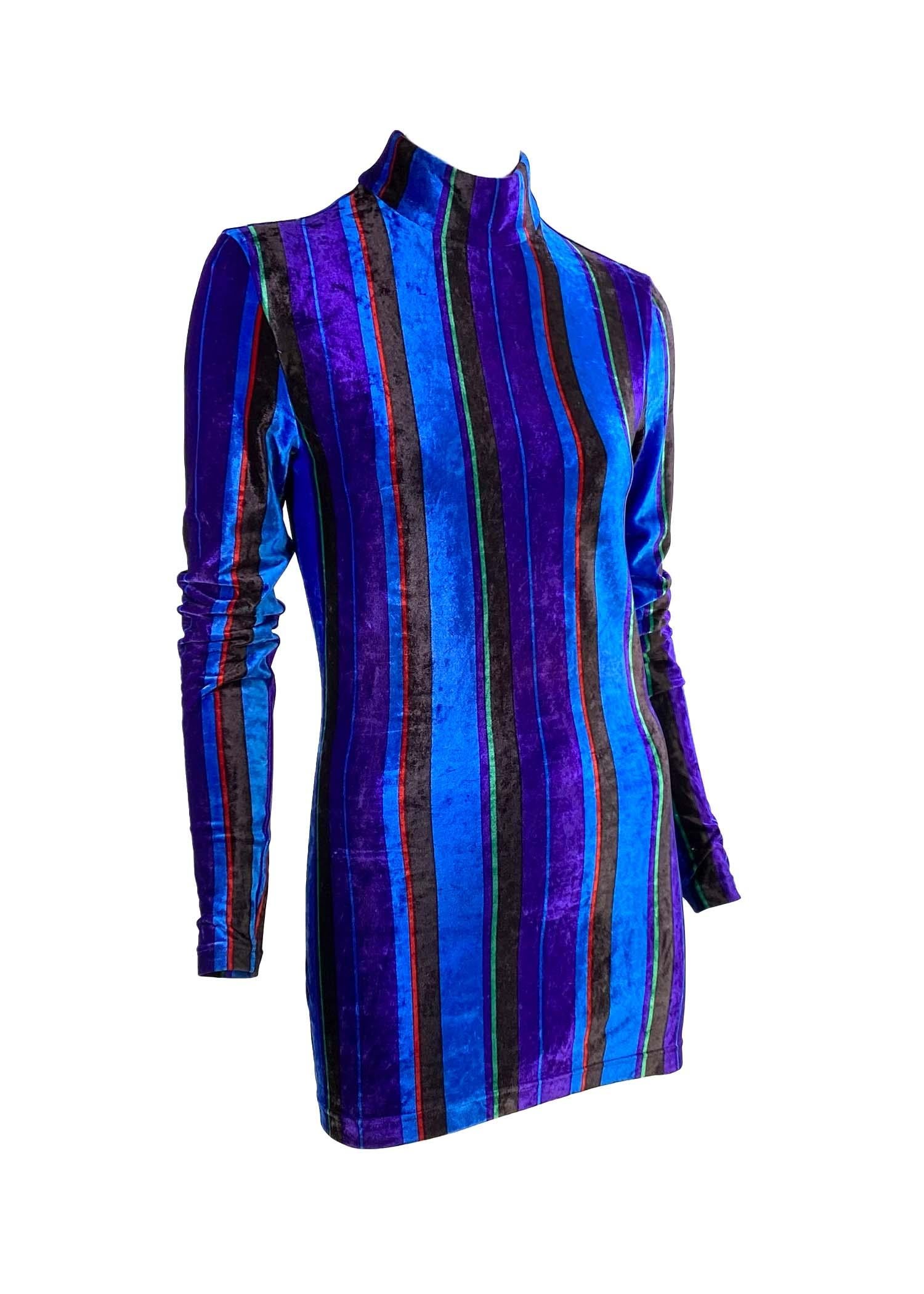 F/W 1993 Gianni Versace Couture Mini robe en velours à rayures bleu, violet, vert et rouge en vente 1