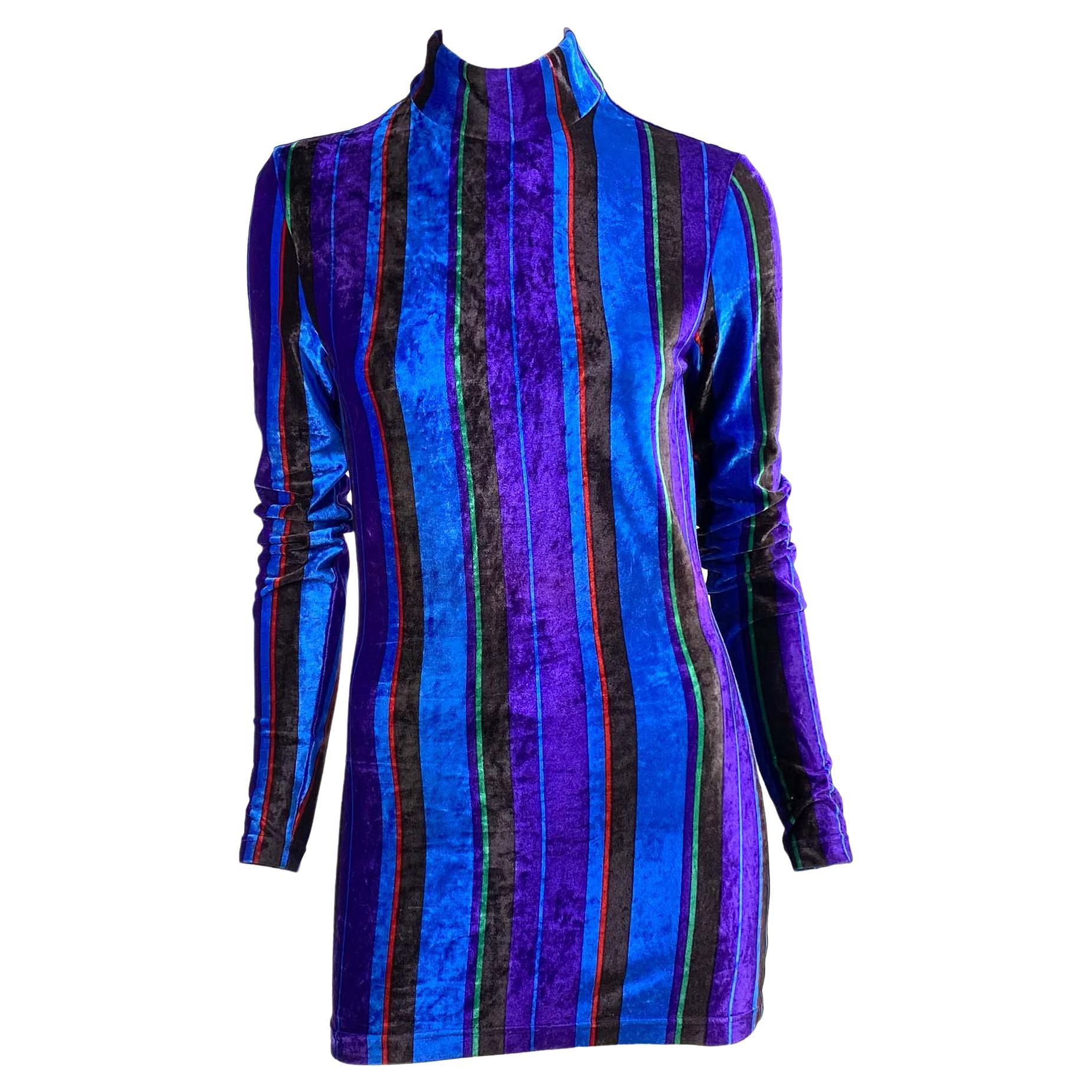 F/W 1993 Gianni Versace Couture Blue Purple Green Red Stripe Velvet Mini Dress