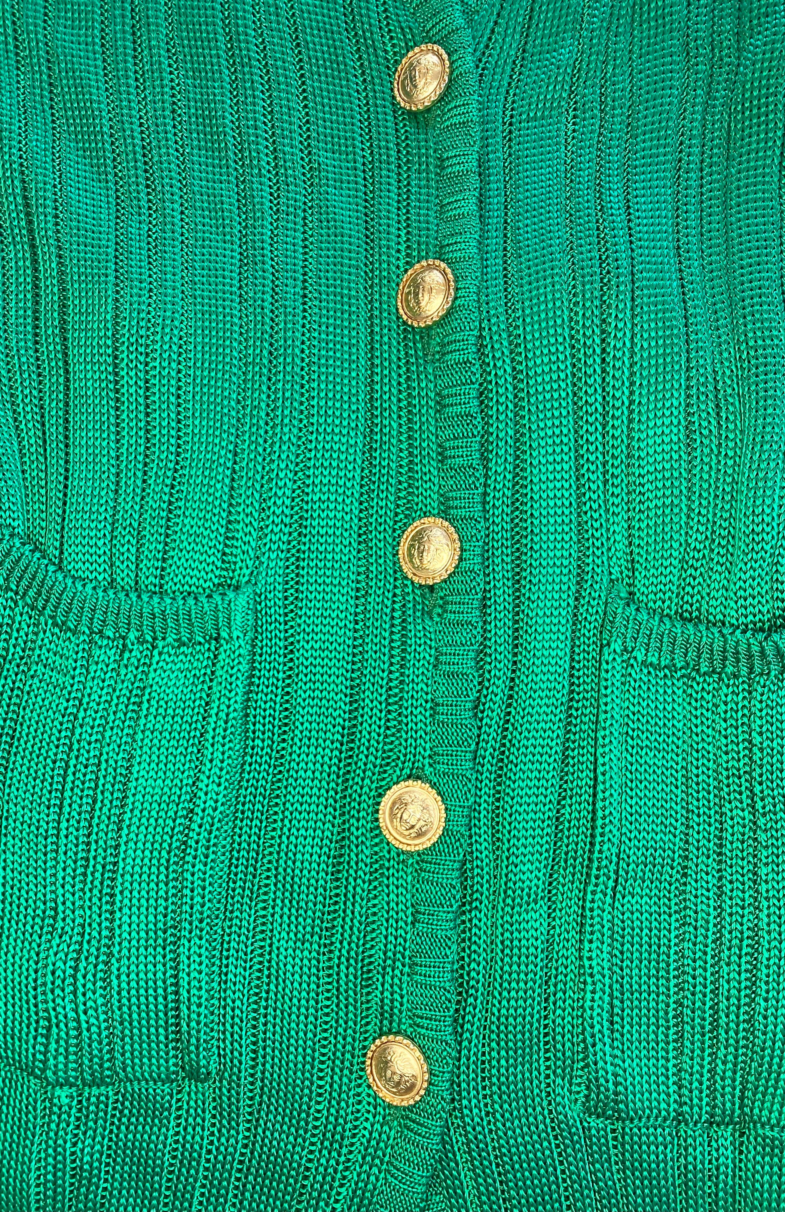 F/W 1993 Gianni Versace Couture Green Knit Dress + Medusa Button Cardigan Set For Sale 4