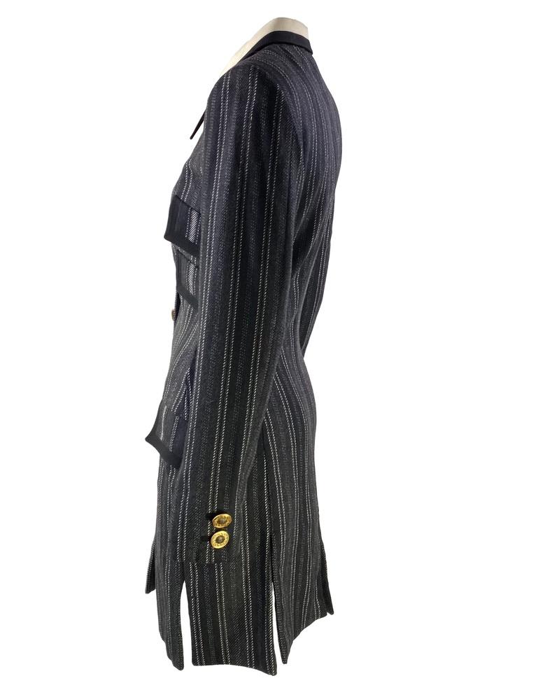 Black F/W 1993 Gianni Versace Couture Grey Stripe Collared Medusa Button Dress Coat For Sale