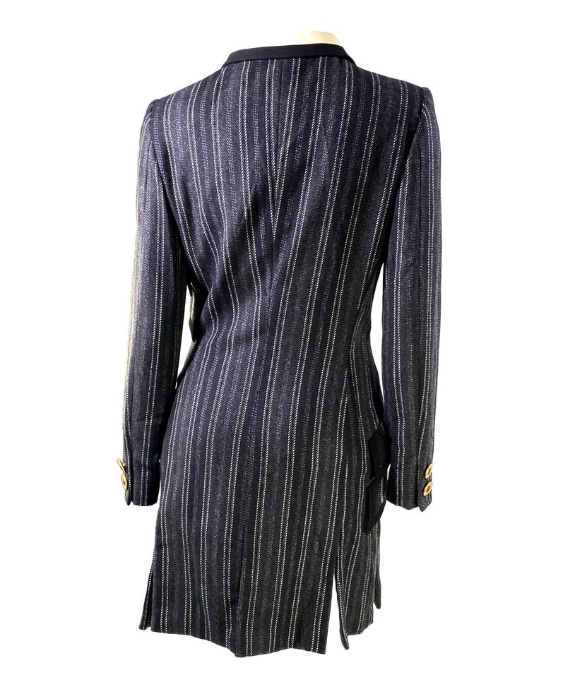 F/W 1993 Gianni Versace Couture Grey Stripe Collared Medusa Button Dress Coat In Good Condition For Sale In West Hollywood, CA
