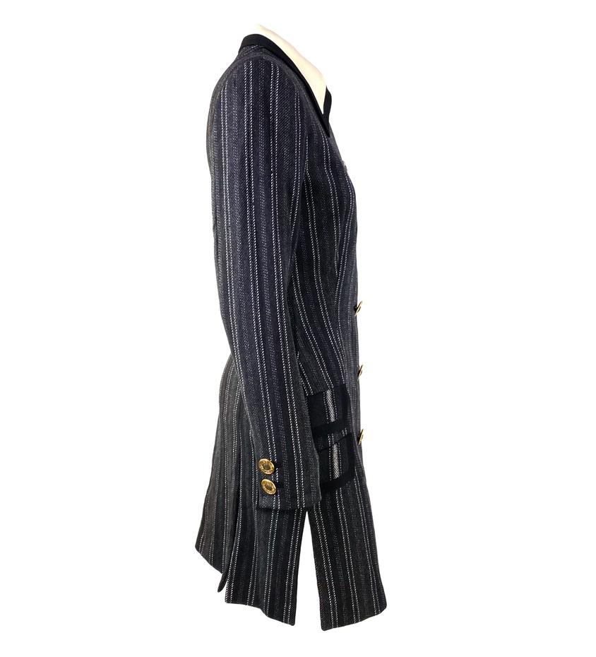 Women's F/W 1993 Gianni Versace Couture Grey Stripe Collared Medusa Button Dress Coat For Sale