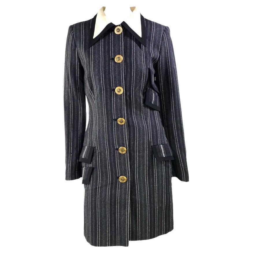 F/W 1993 Gianni Versace Couture Grey Stripe Collared Medusa Button Dress Coat For Sale