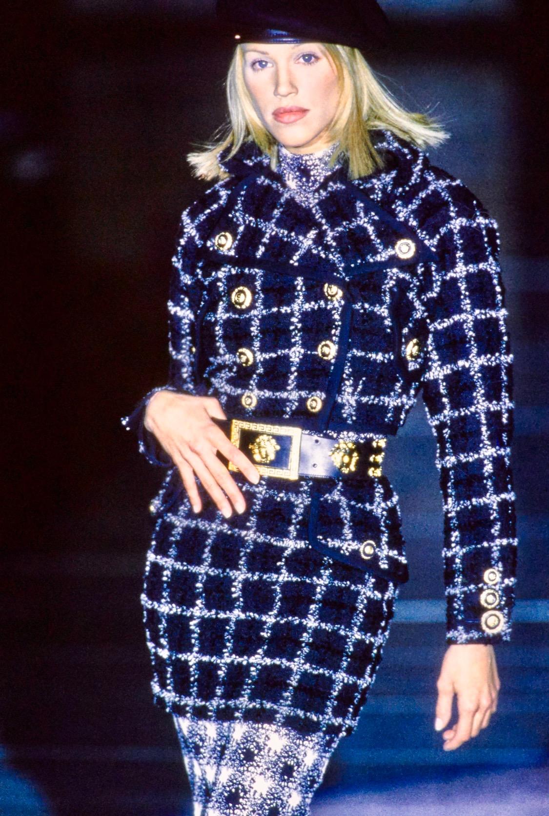 F/W 1993 Gianni Versace Double-Breasted Tweed Skirt Suit Medusa Runway 1