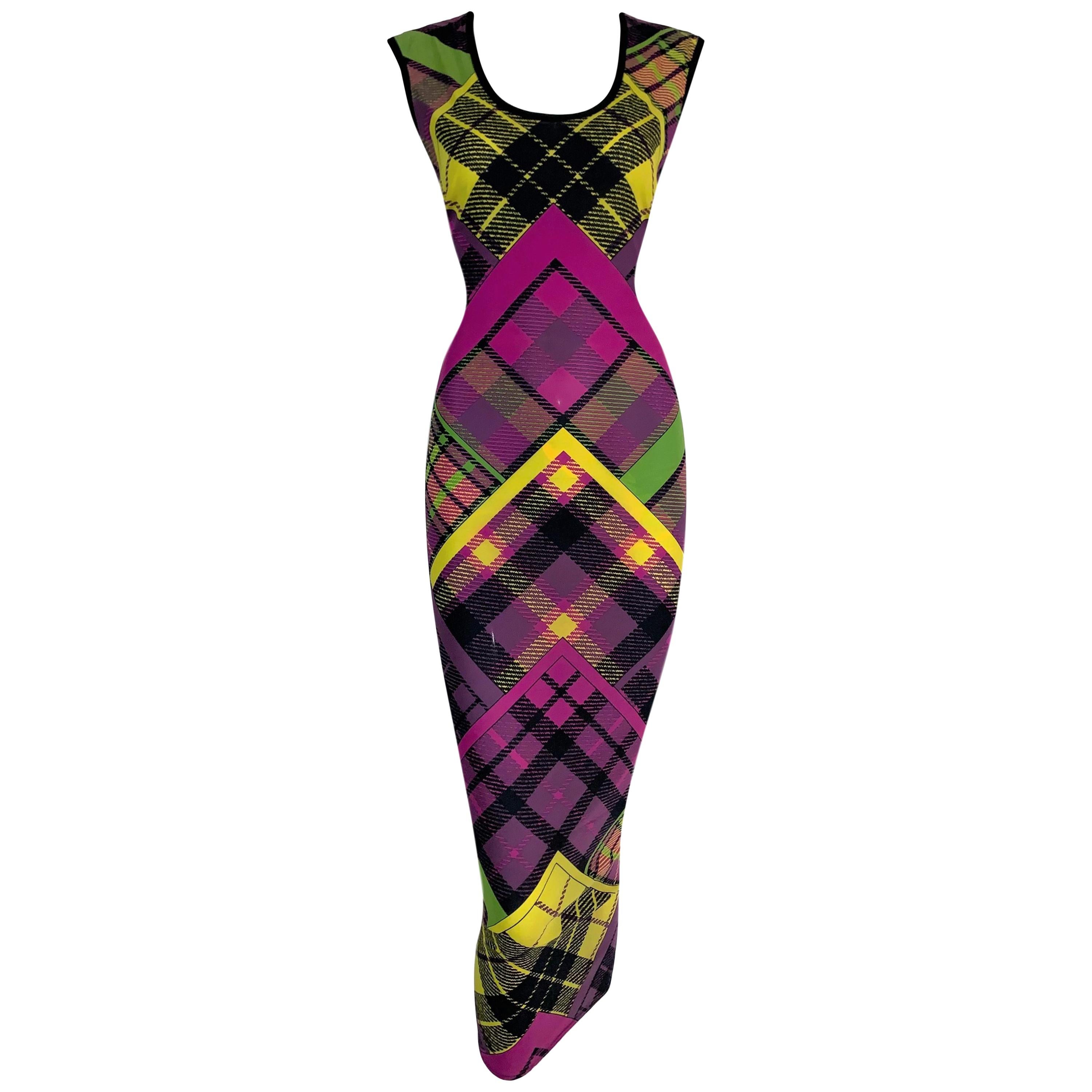 F/W 1993 Gianni Versace Silk Pink Yellow Plaid Long Wiggle Dress