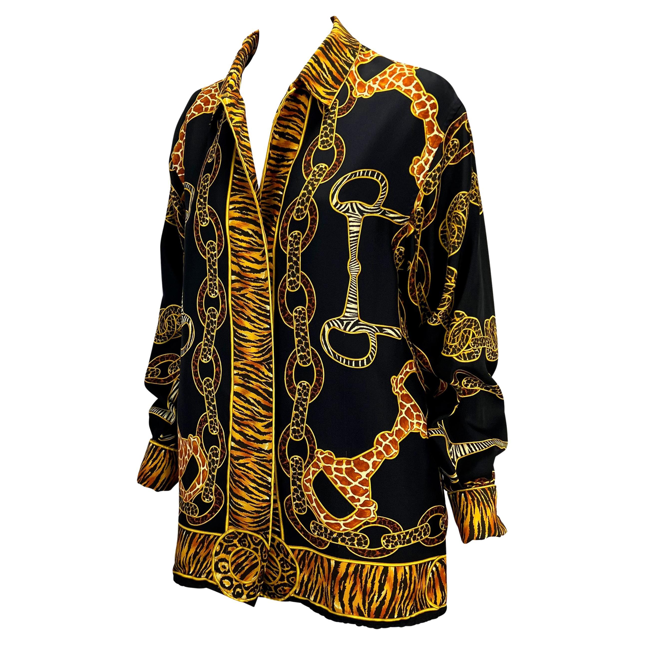 F/W 1993 Gucci Ad Animal Print Horsebit Black Silk 'GG' Cufflink Tunic Top  For Sale at 1stDibs
