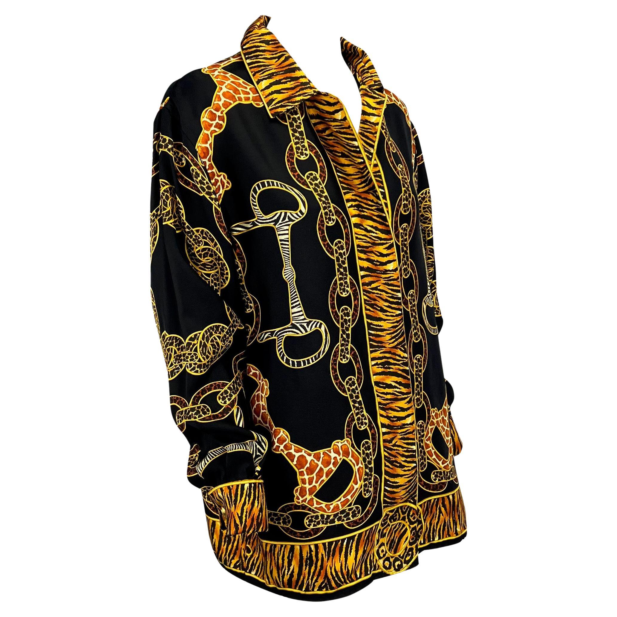 F/W 1993 Gucci Ad Animal Print Horsebit Black Silk 'GG' Cufflink Tunic Top For Sale 1