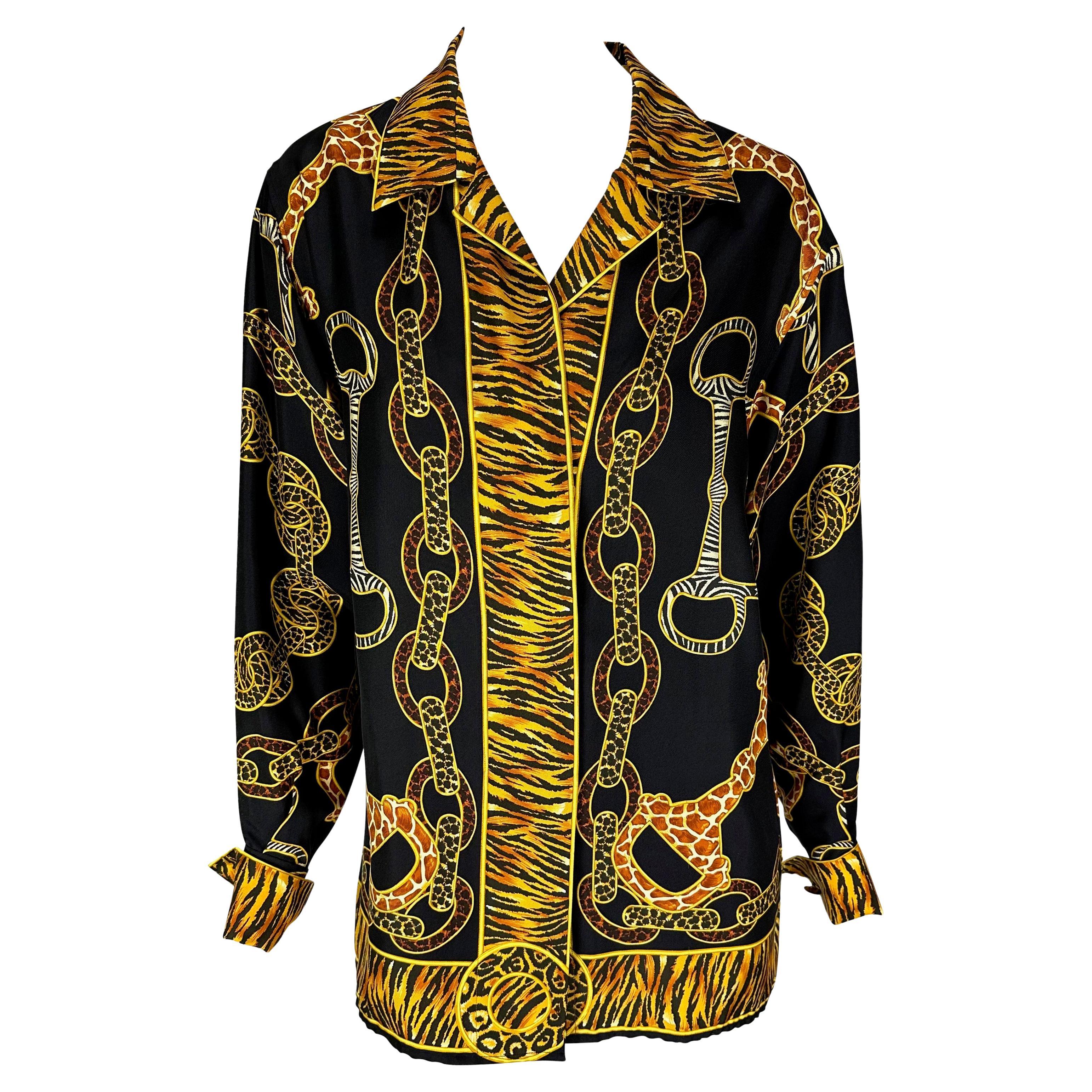 F/W 1993 Gucci Ad Animal Print Horsebit Black Silk 'GG' Cufflink Tunic Top For Sale