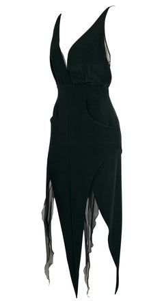 F/W 1993 Karl Lagerfeld Dark Green Backless Halter Point Hem Chiffon Dress