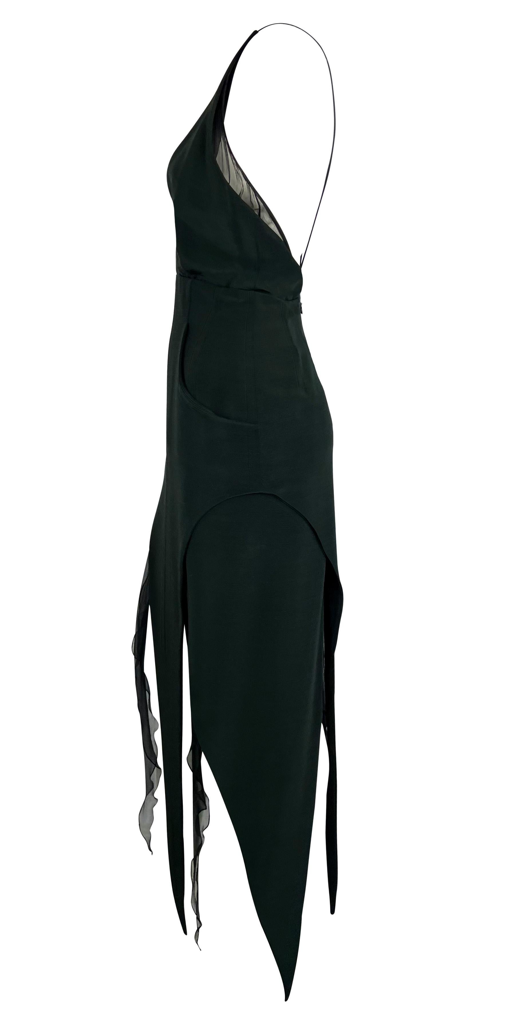 Black F/W 1993 Karl Lagerfeld Dark Green Backless Halter Point Hem Chiffon Dress For Sale