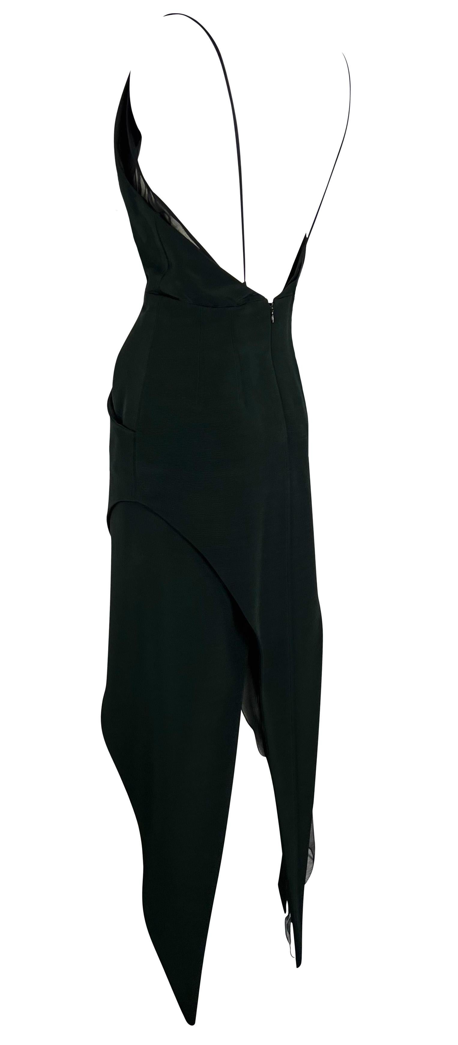 F/W 1993 Karl Lagerfeld Dark Green Backless Halter Point Hem Chiffon Dress In Excellent Condition For Sale In West Hollywood, CA