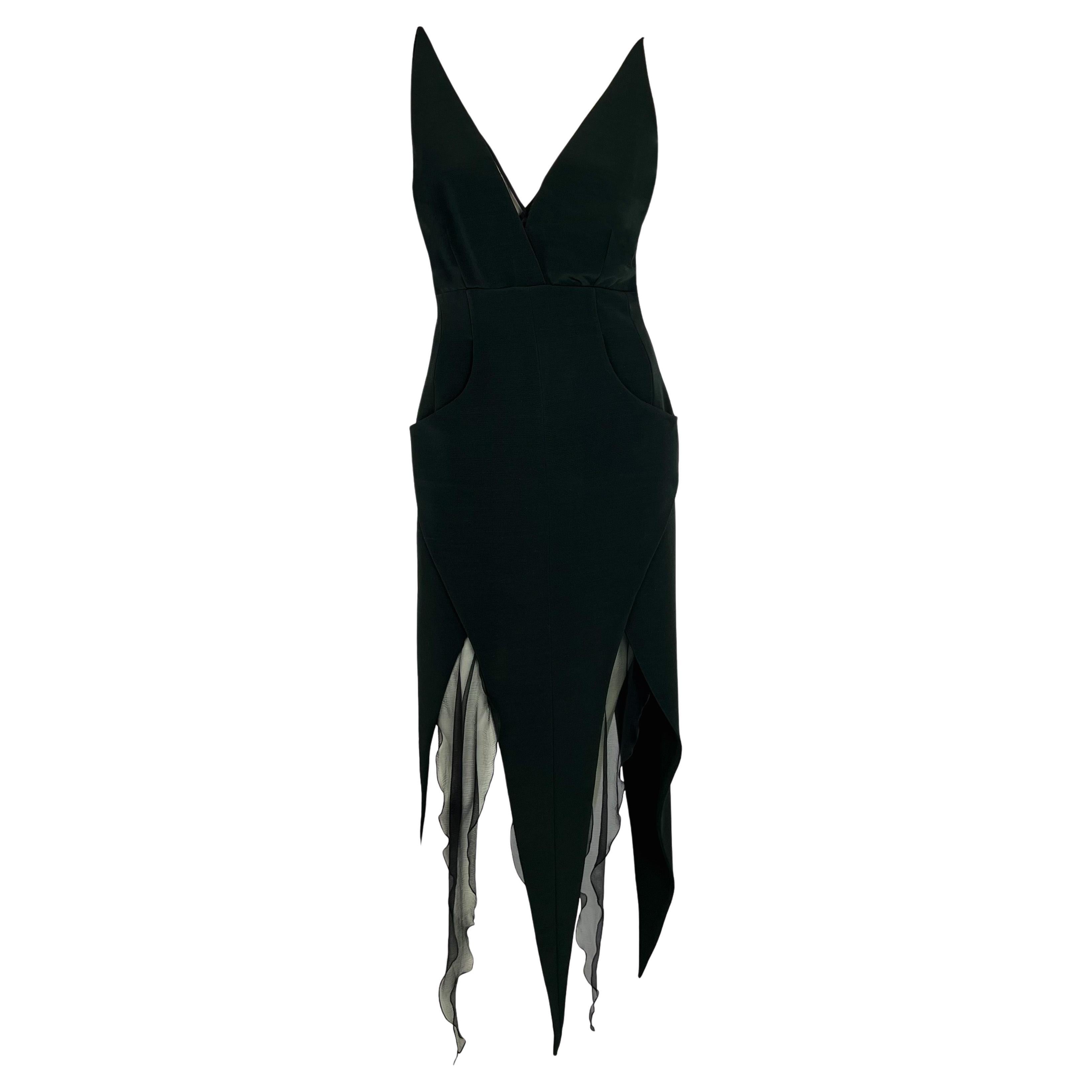 F/W 1993 Karl Lagerfeld Dark Green Backless Halter Point Hem Chiffon Dress For Sale