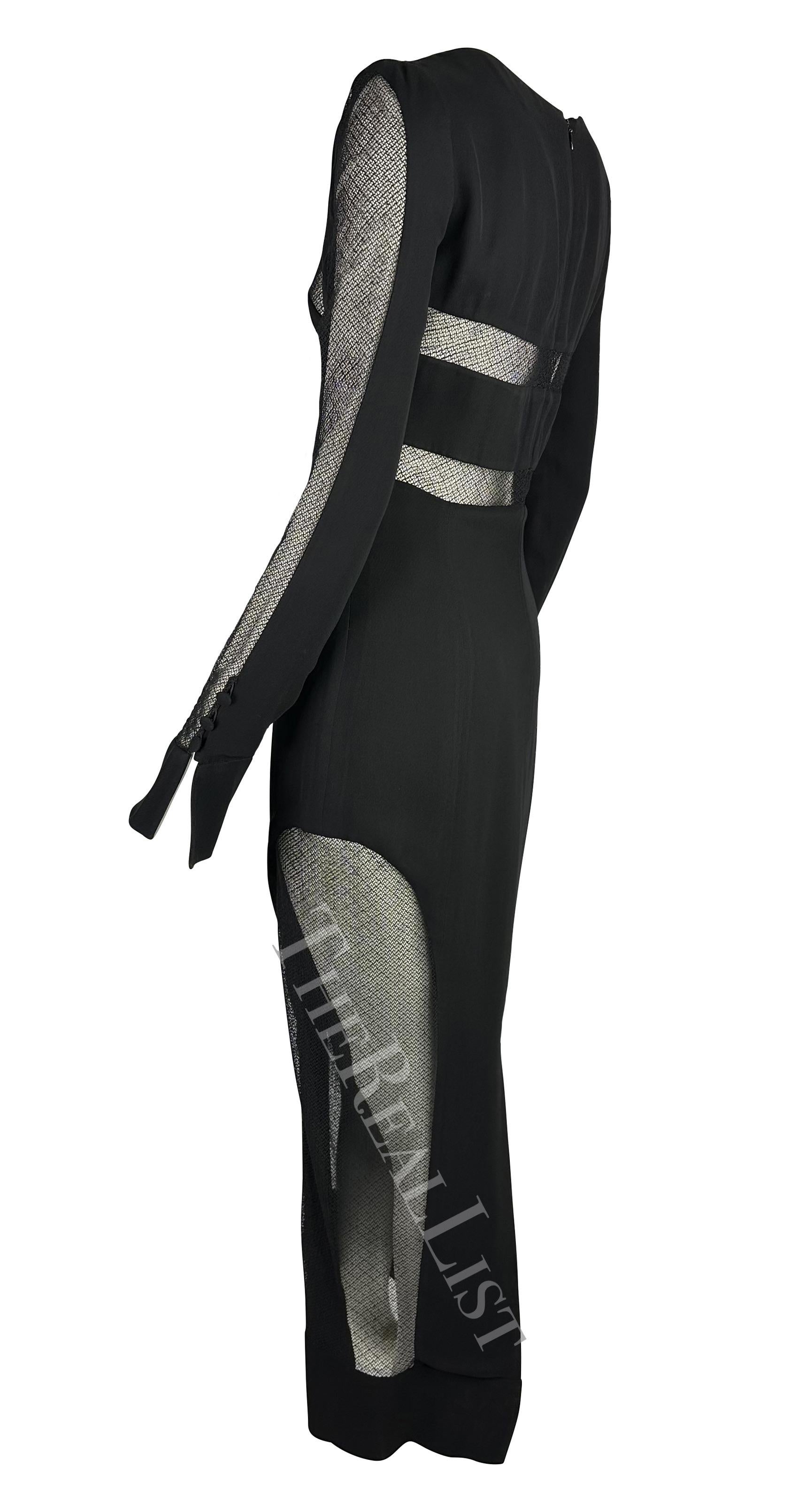 Presenting a striking mesh panel maxi dress designed by Karl Lagerfeld for his Fall/Winter 1993 collection. Supermodel Nadja Auermann wore a version of this gown in the season's runway presentation. This chic and sultry dress features multiple sheer