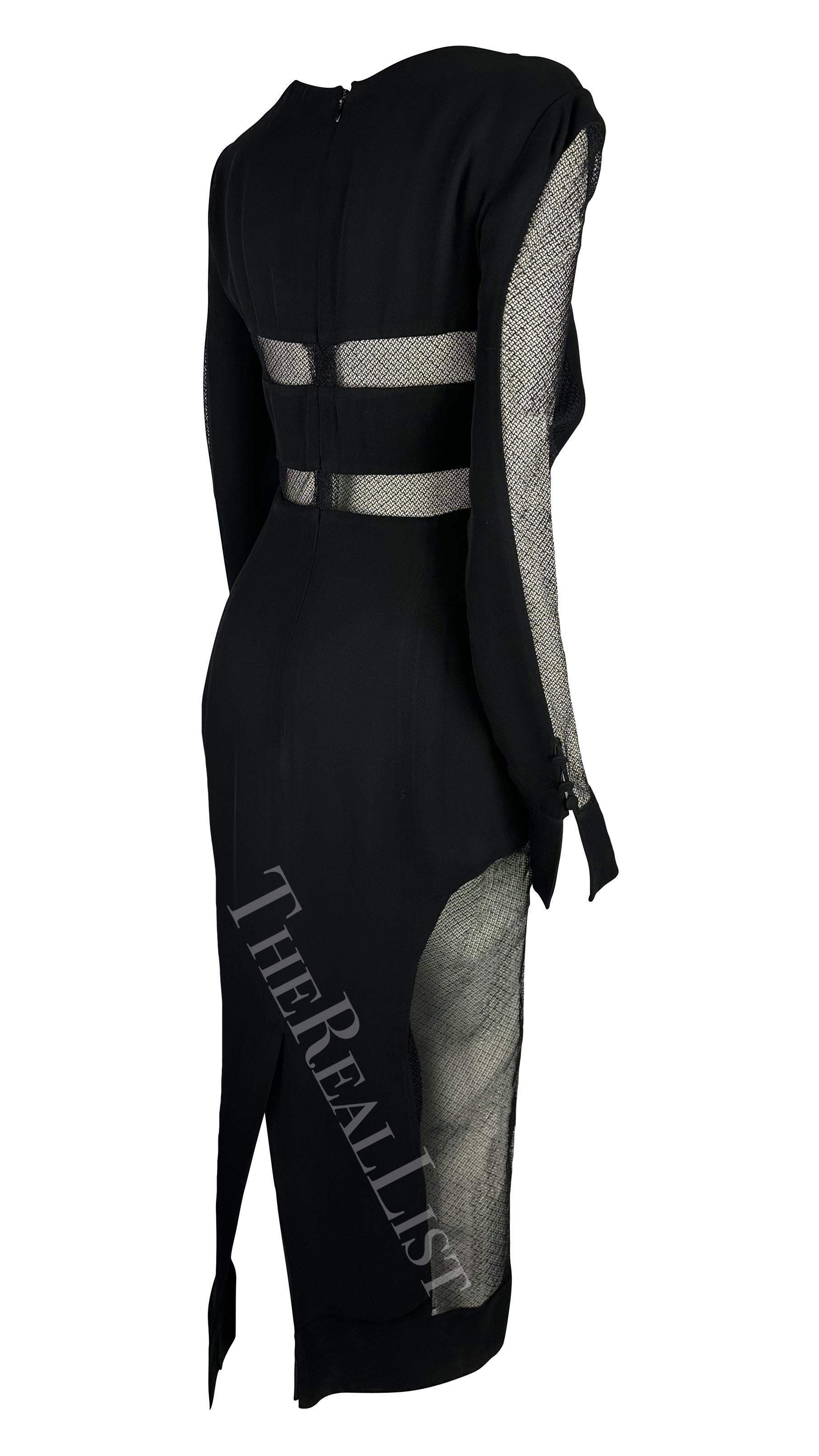 Women's F/W 1993 Karl Lagerfeld Runway Black Mesh Sheer Cut Out Gown For Sale