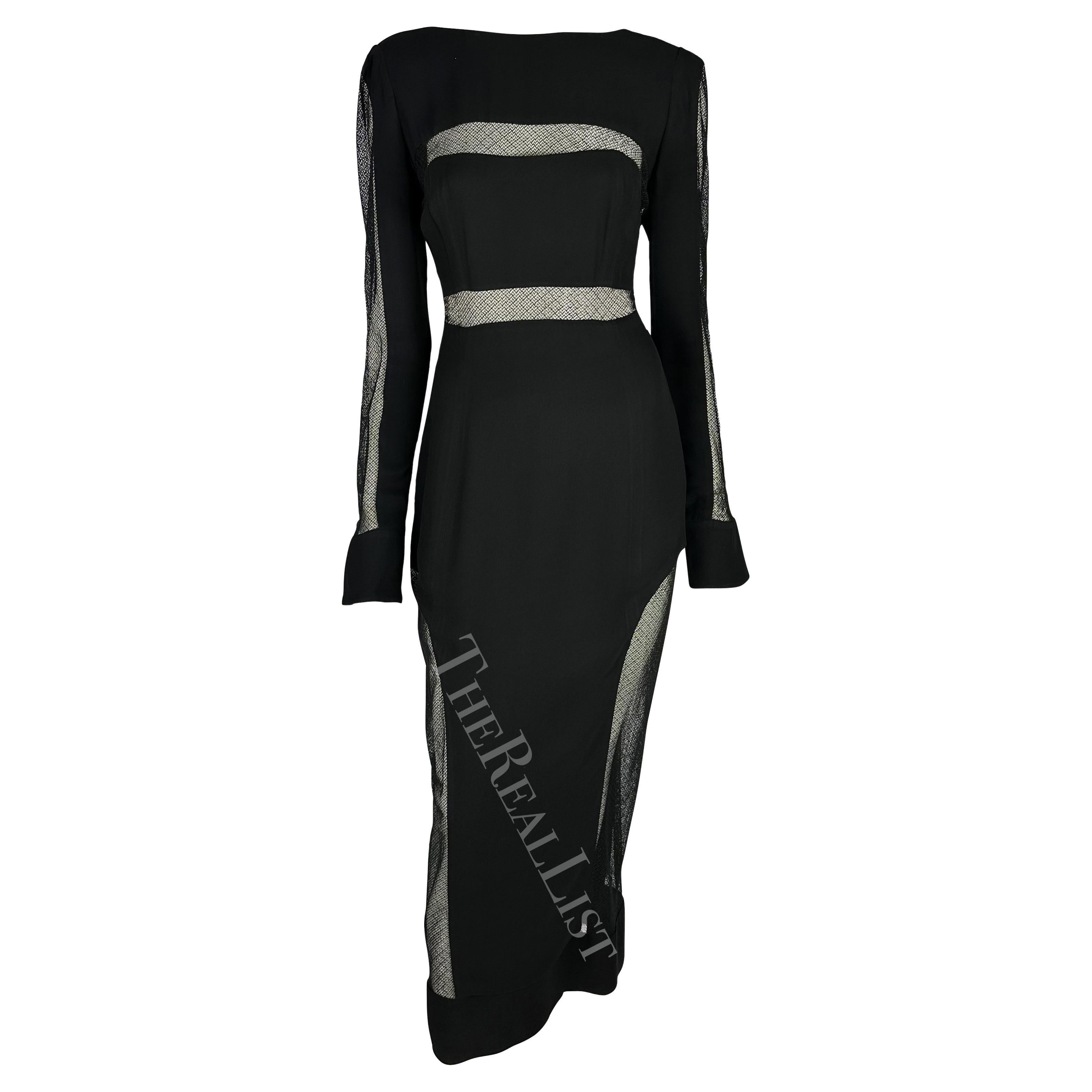 F/W 1993 Karl Lagerfeld Runway Black Mesh Sheer Cut Out Gown For Sale 1