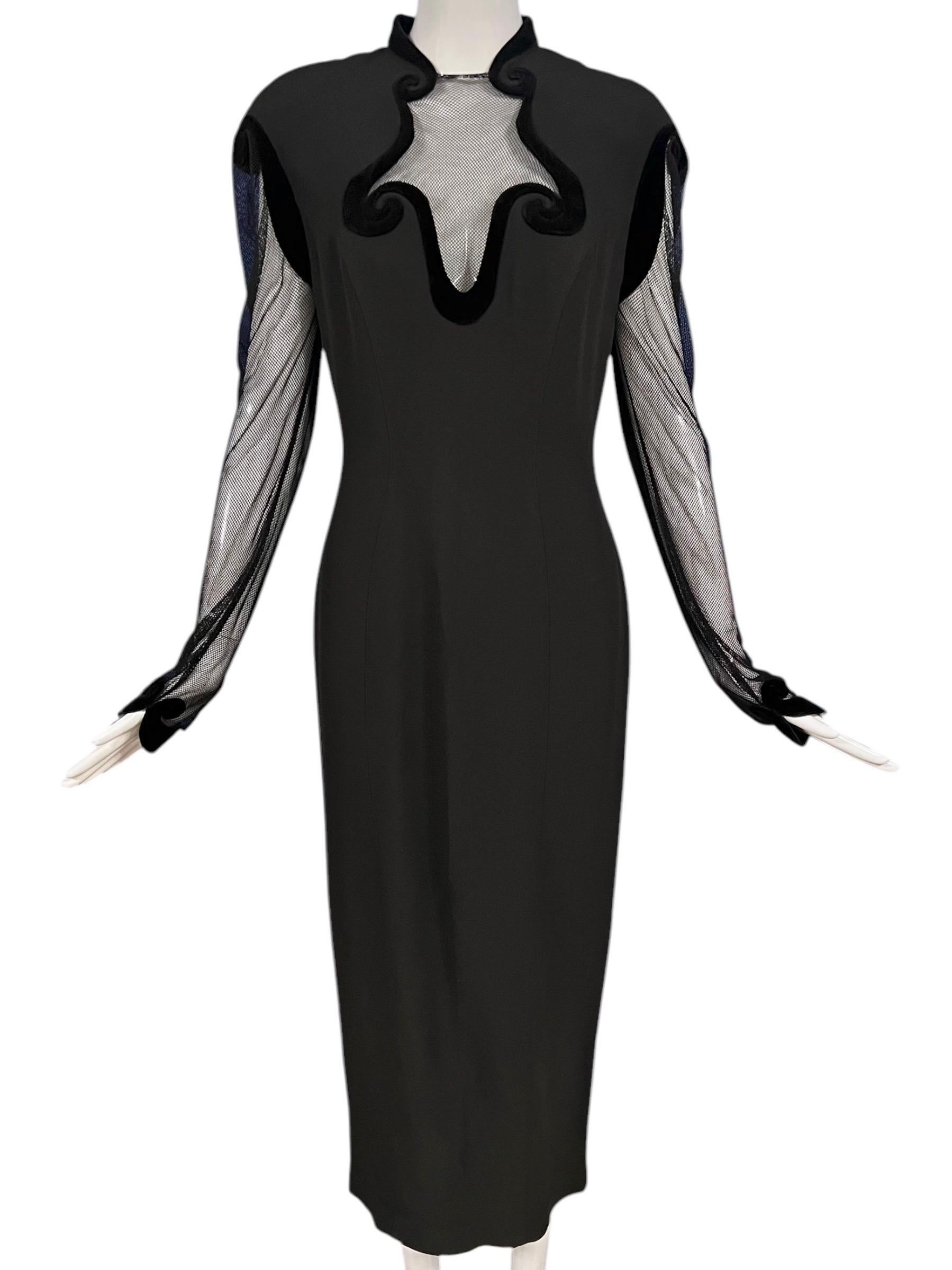 F/W 1993 Thierry Mugler Black Velvet Mesh Cutout Gown In Excellent Condition For Sale In Concord, NC