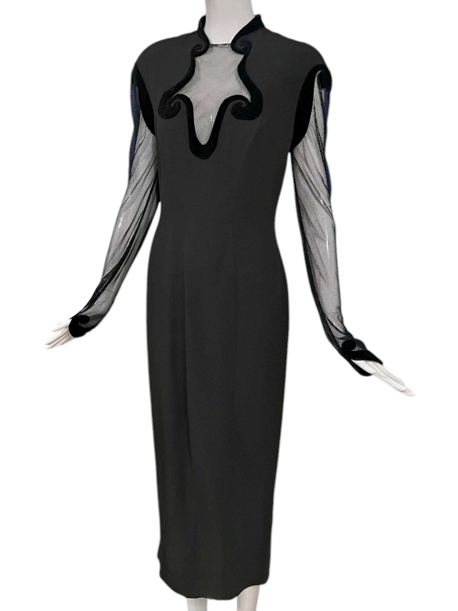 Women's F/W 1993 Thierry Mugler Black Velvet Mesh Cutout Gown For Sale