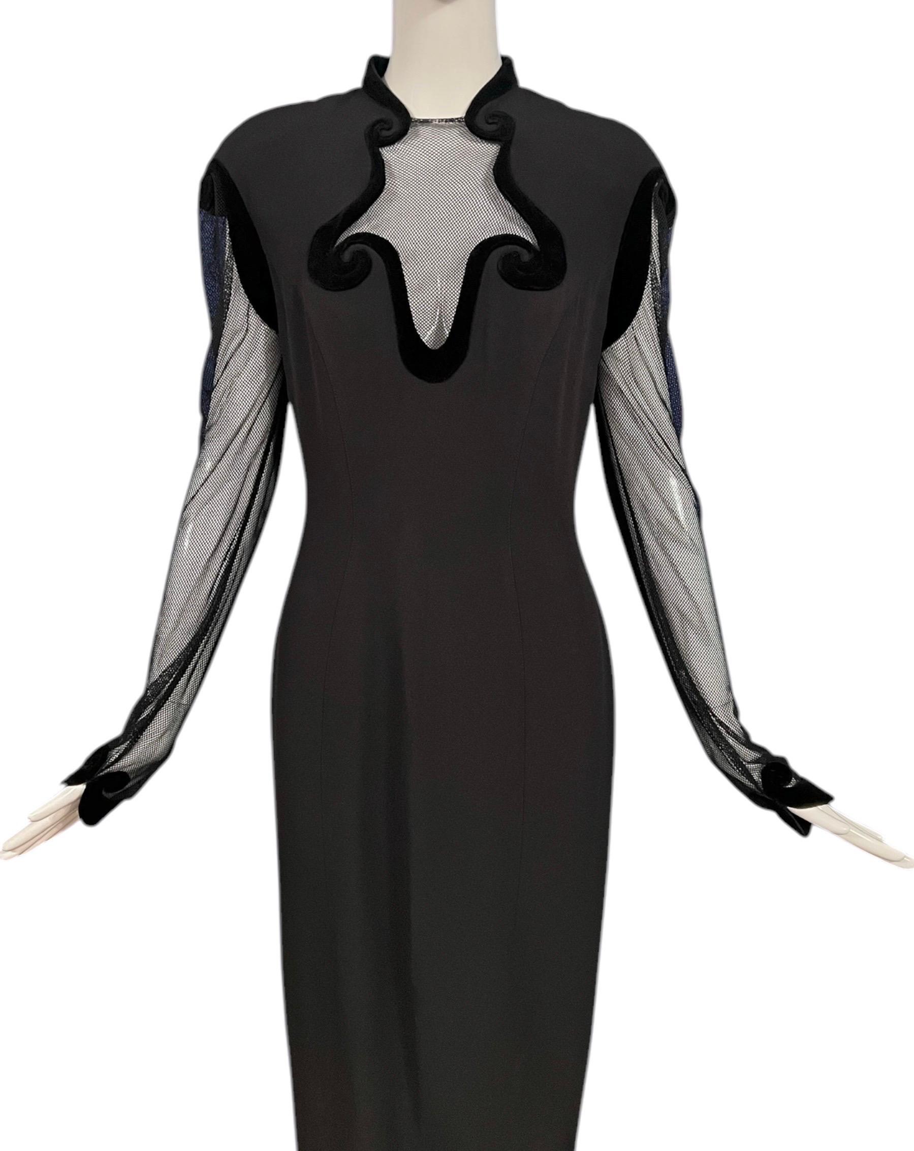 F/W 1993 Thierry Mugler Black Velvet Mesh Cutout Gown For Sale 1