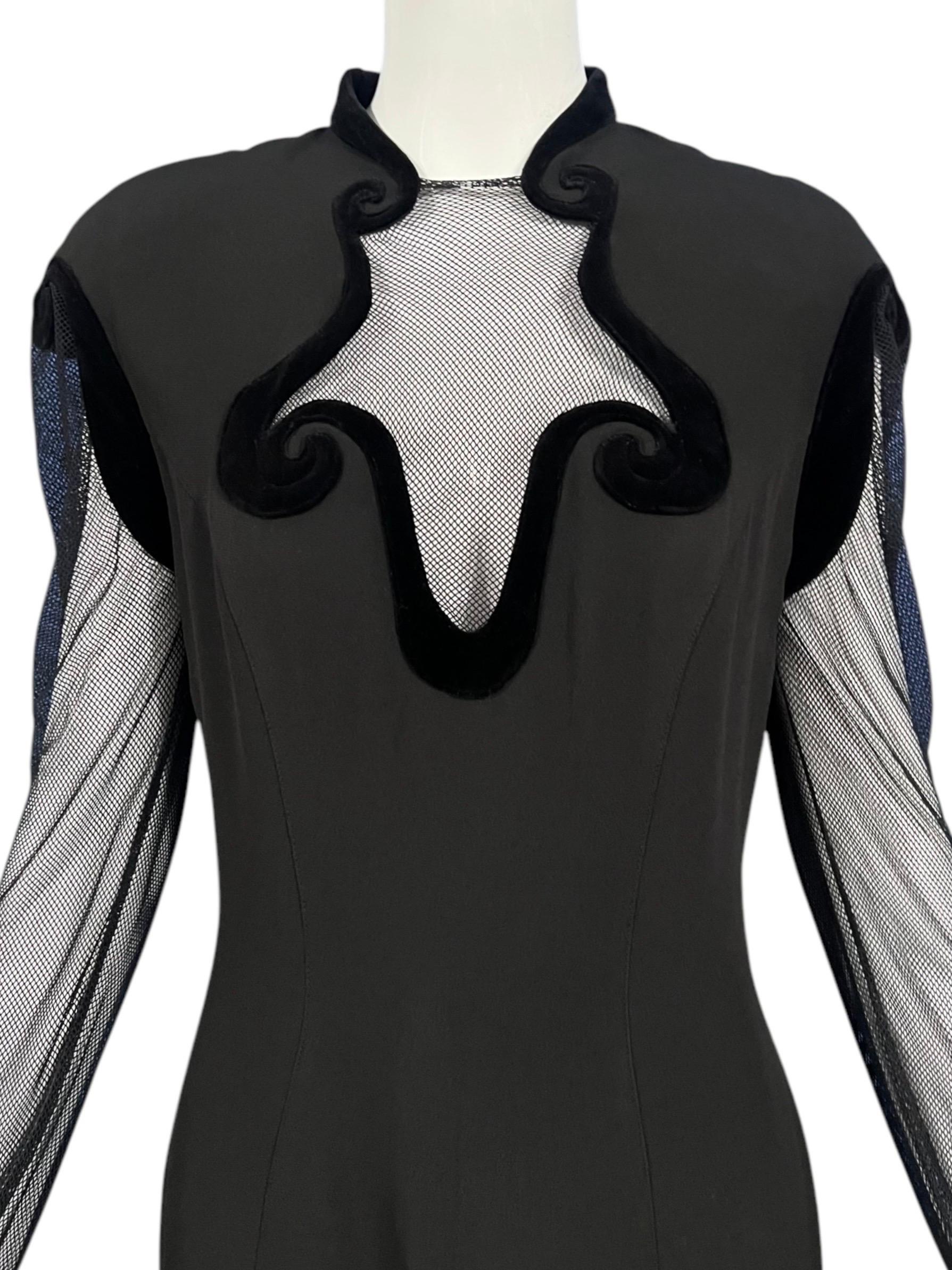 F/W 1993 Thierry Mugler Black Velvet Mesh Cutout Gown For Sale 2