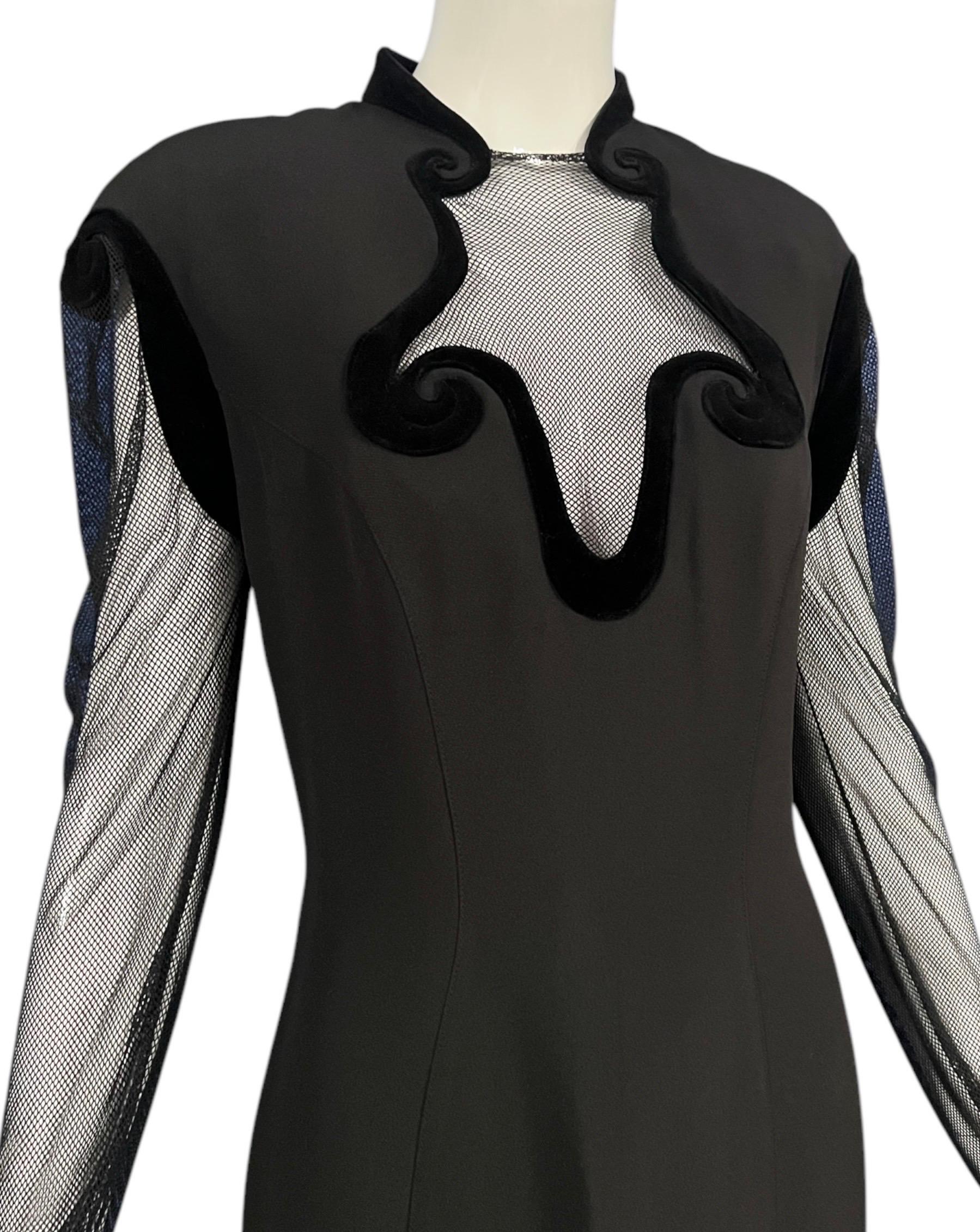 F/W 1993 Thierry Mugler Black Velvet Mesh Cutout Gown For Sale 3