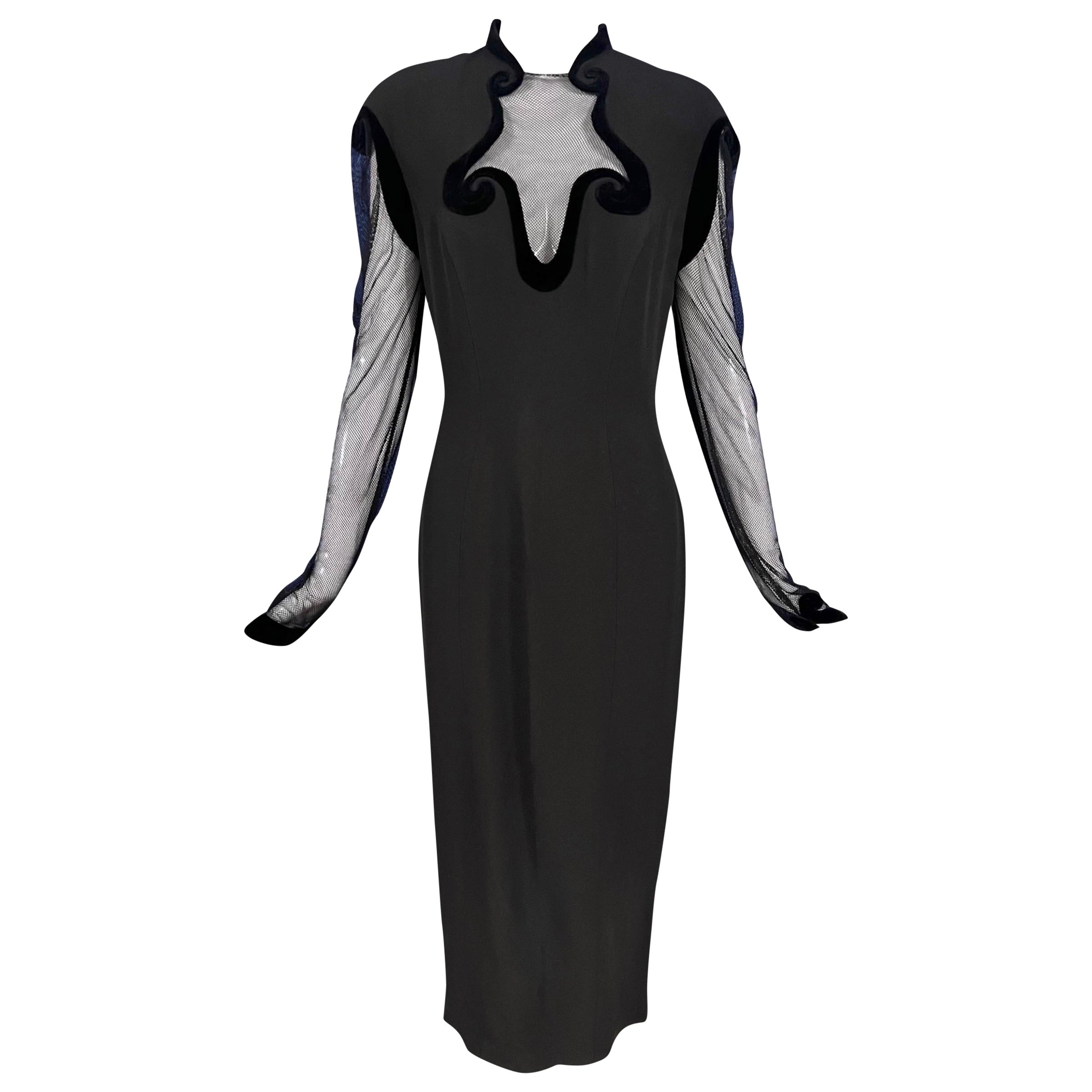 A/I 1993 Thierry Mugler - Abito in velluto nero con ritaglio di rete
