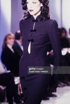 F/W 1993 Thierry Mugler Runway Plunging Black Velvet Trim Standing Collar Dress