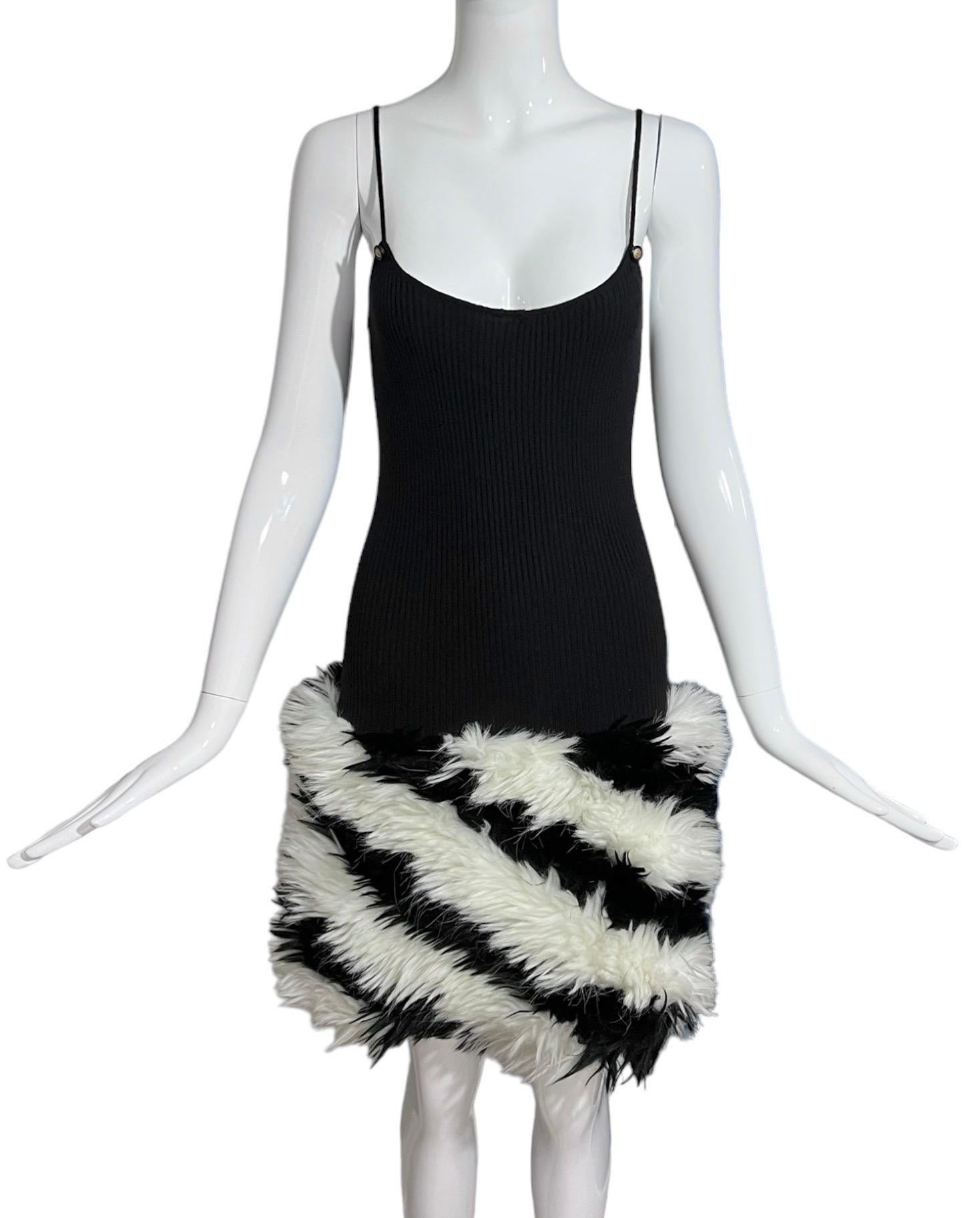 F/W 1994 Chanel Black & White Faux Fur Mini Dress by Karl Lagerfeld In Good Condition In Concord, NC