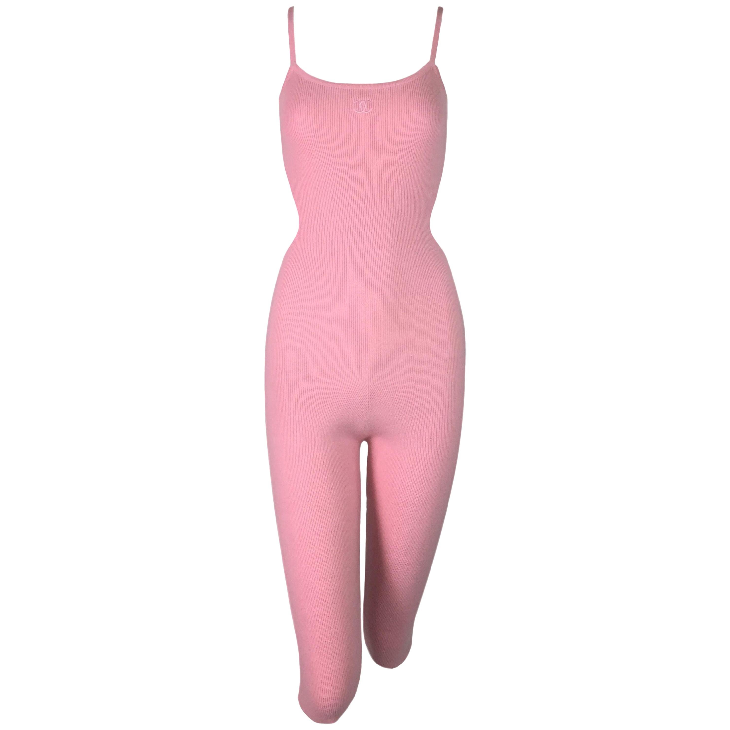 F/W 1994 Chanel Bubblegum Pink Cashmere Logo Jumpsuit Catsuit
