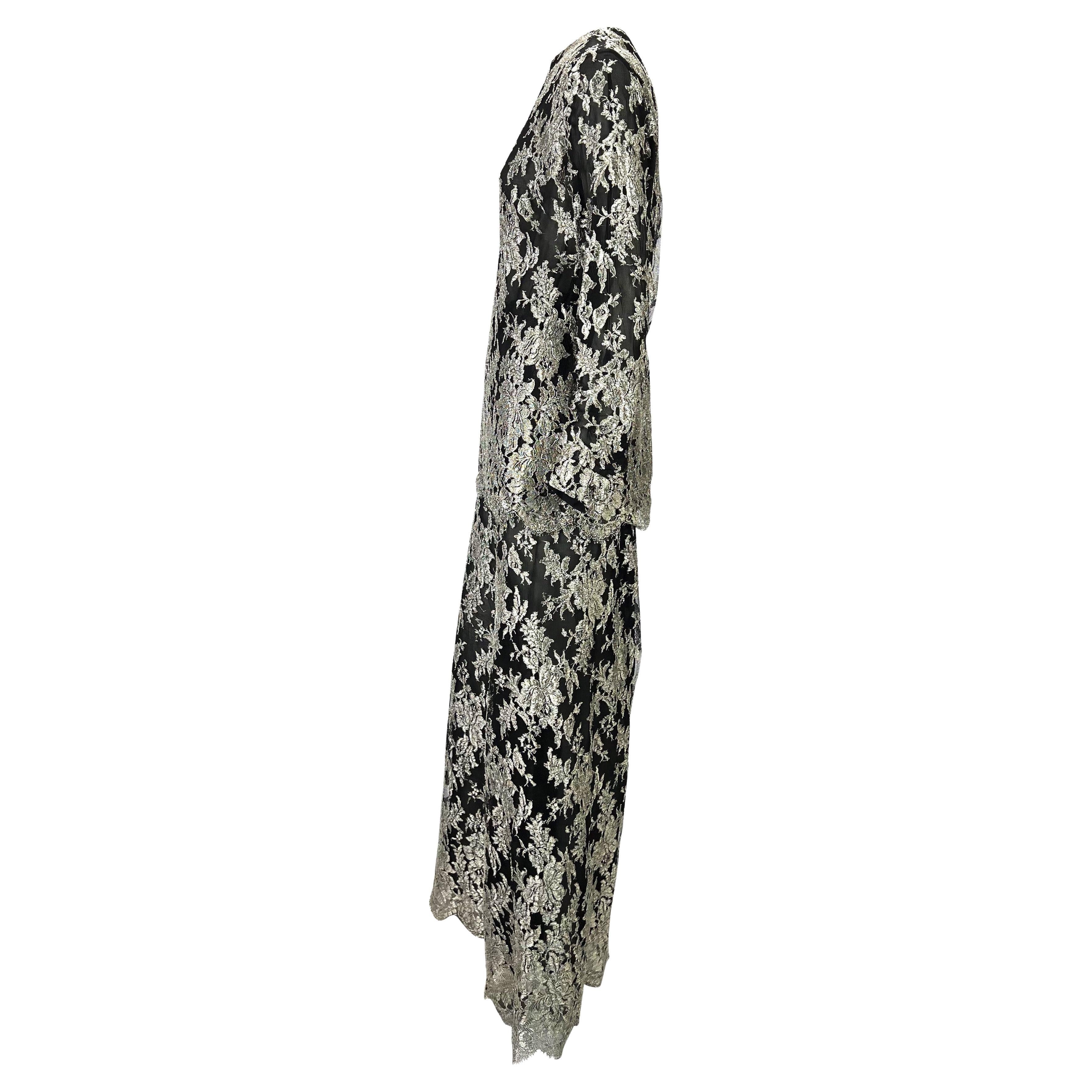 Gris F/W 1994 Christian Lacroix Silver Lace Black Sheer Pant Set en vente