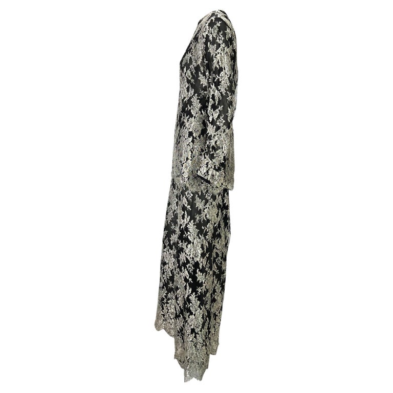 Women's F/W 1994 Christian Lacroix Silver Lace Black Sheer Pant Set For Sale