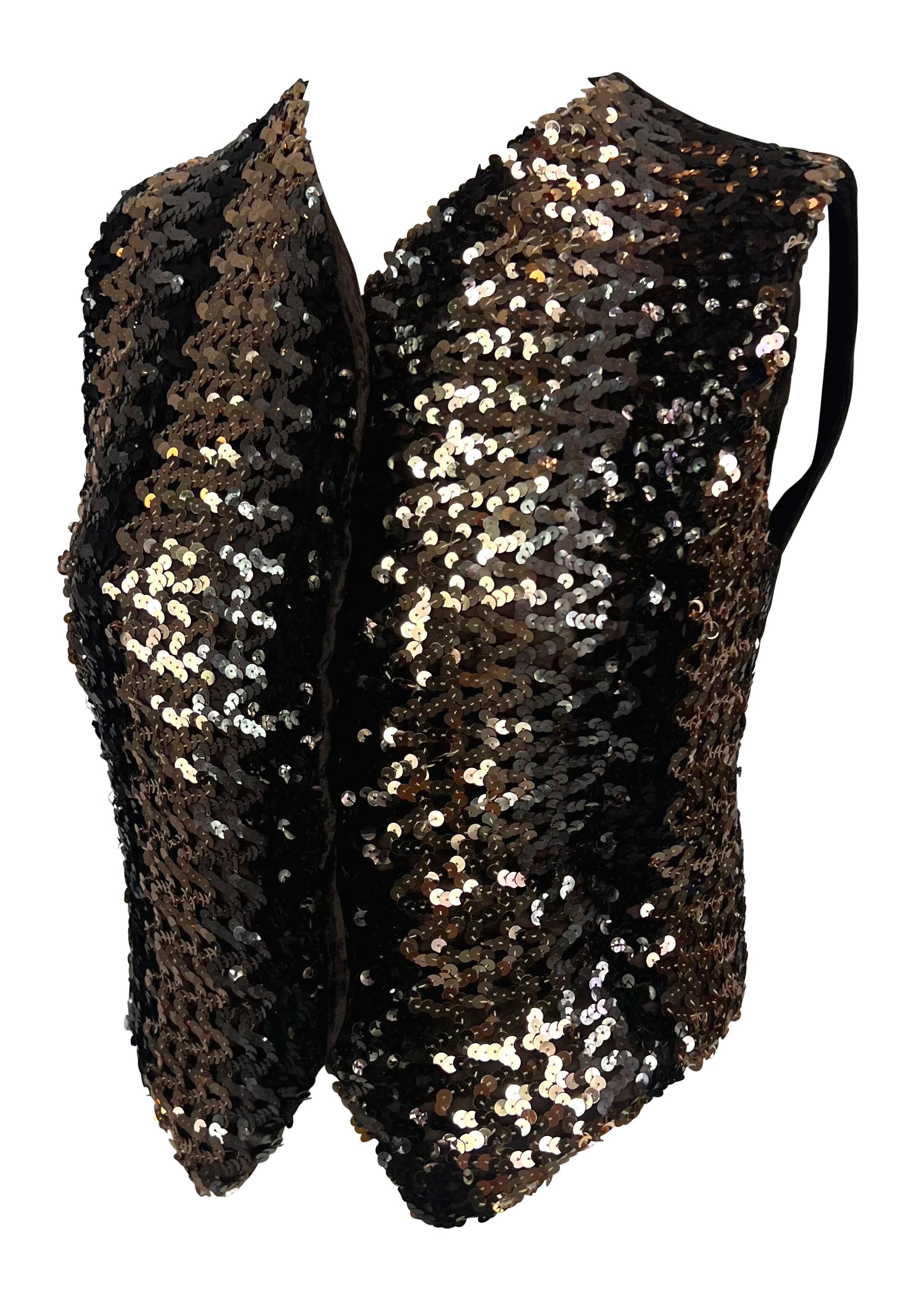 F/W 1994 Dolce & Gabbana Brown Sequin Crushed Velvet Vest Sleeveless Top In Excellent Condition For Sale In West Hollywood, CA
