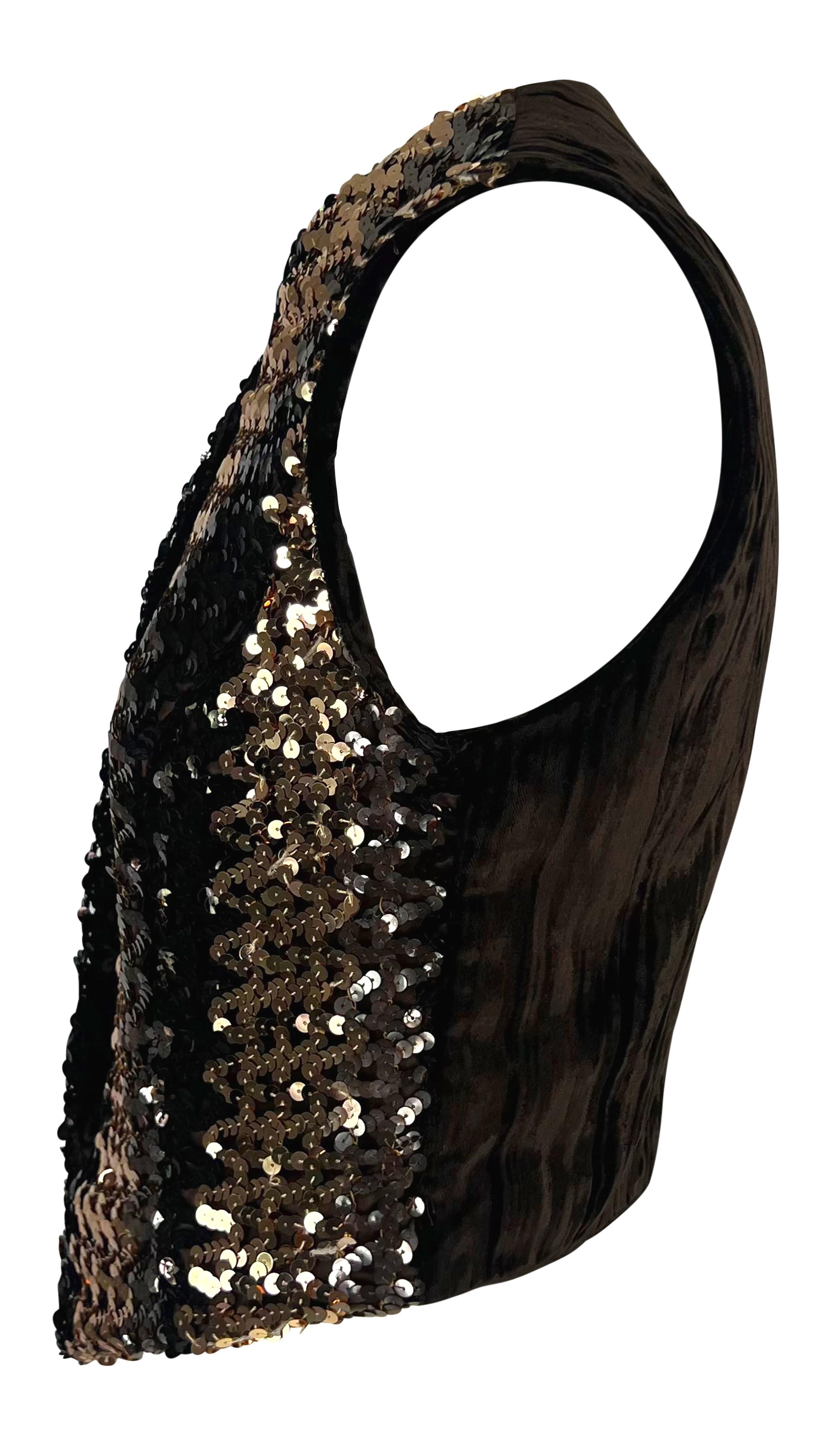 Women's F/W 1994 Dolce & Gabbana Brown Sequin Crushed Velvet Vest Sleeveless Top For Sale