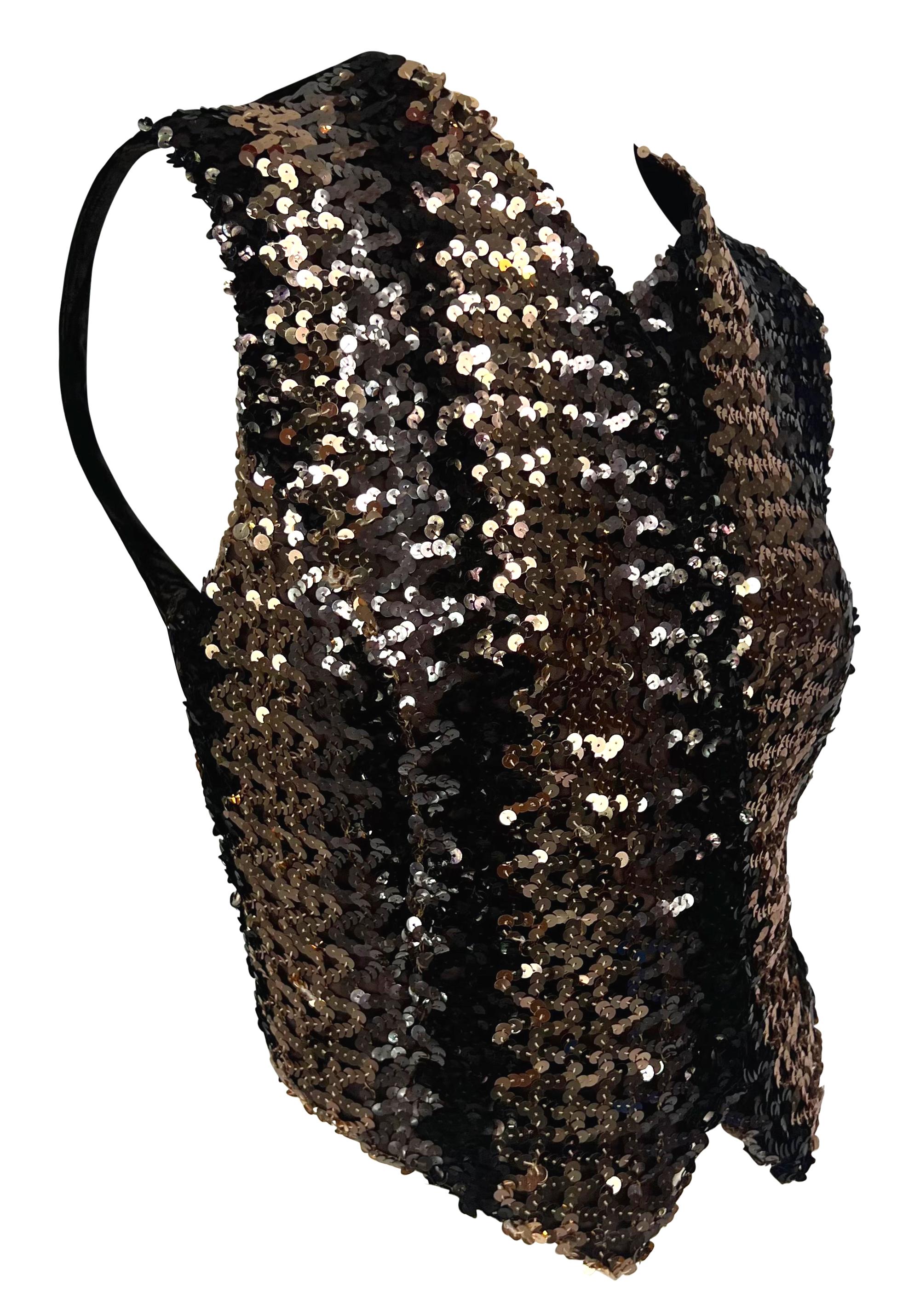 F/W 1994 Dolce & Gabbana Brown Sequin Crushed Velvet Vest Sleeveless Top For Sale 3