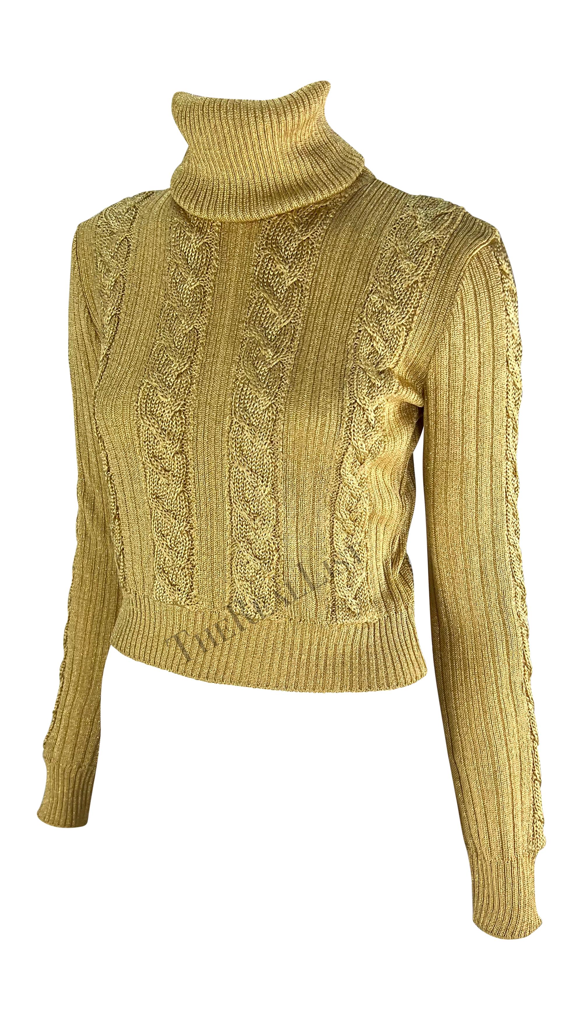 Women's F/W 1994 Gianni Versace Ad Runway Gold Metallic Cable Knit Turtleneck Sweater For Sale