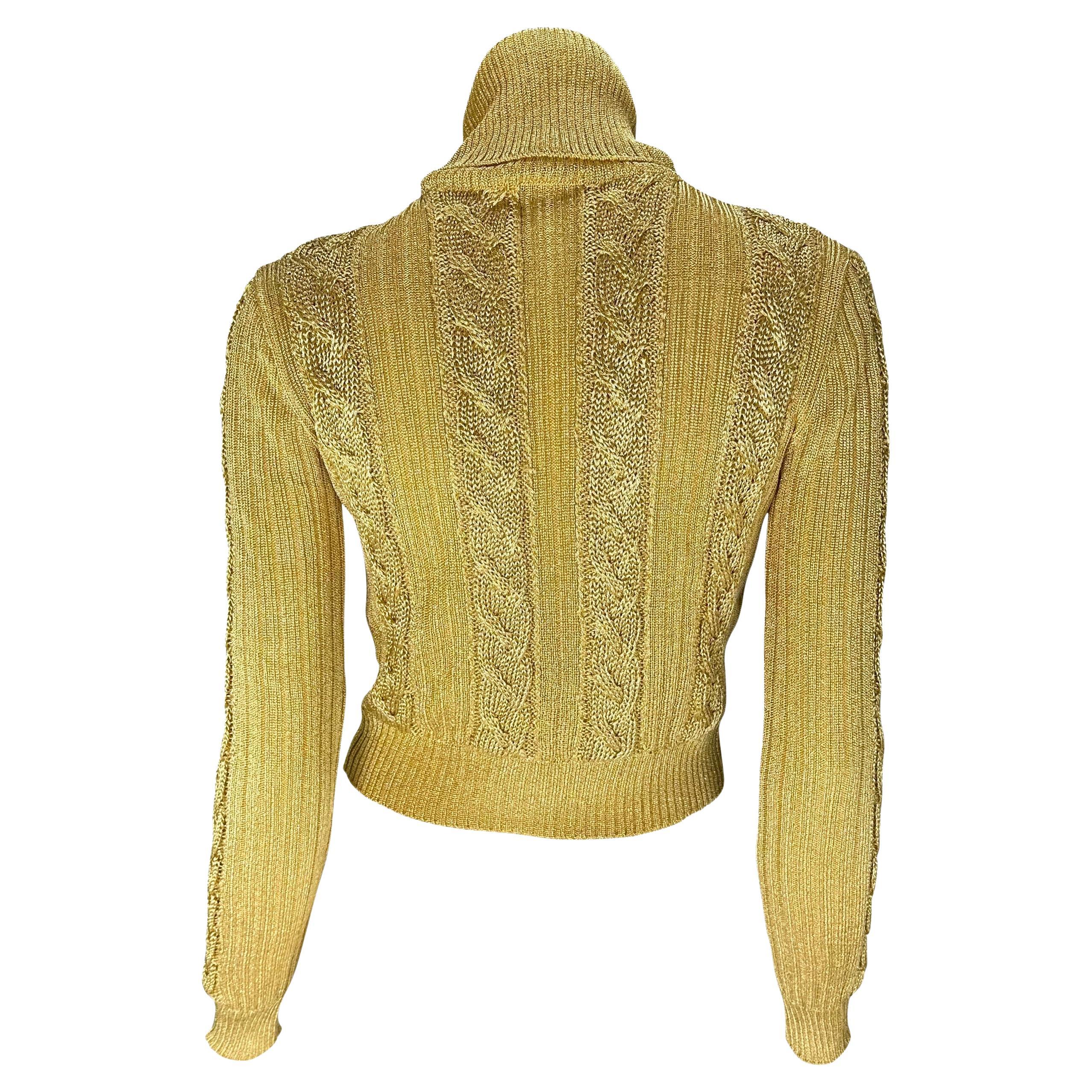 Women's F/W 1994 Gianni Versace Ad Runway Gold Metallic Cable Knit Turtleneck Sweater
