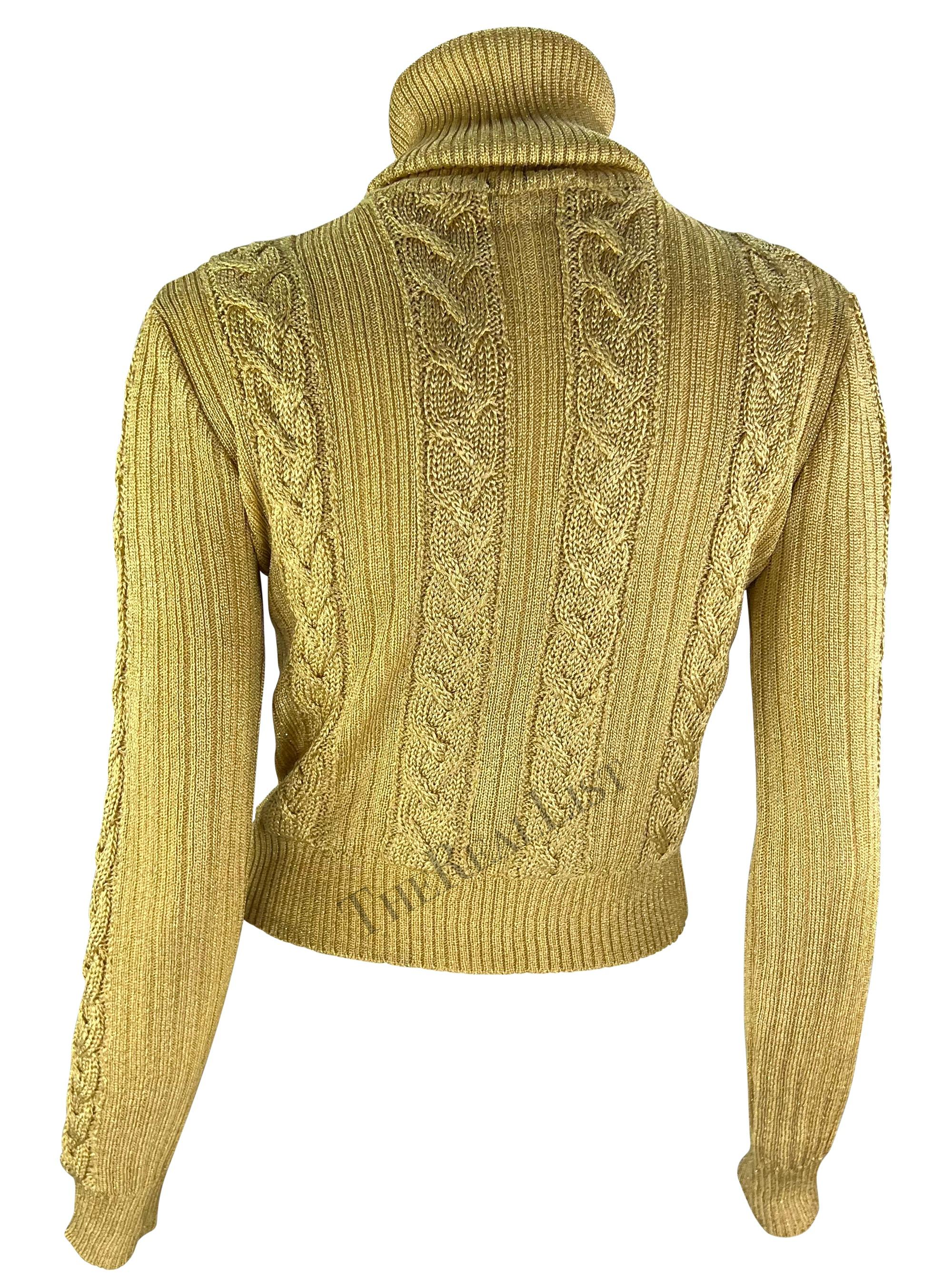 F/W 1994 Gianni Versace Ad Runway Gold Metallic Cable Knit Turtleneck Sweater For Sale 3
