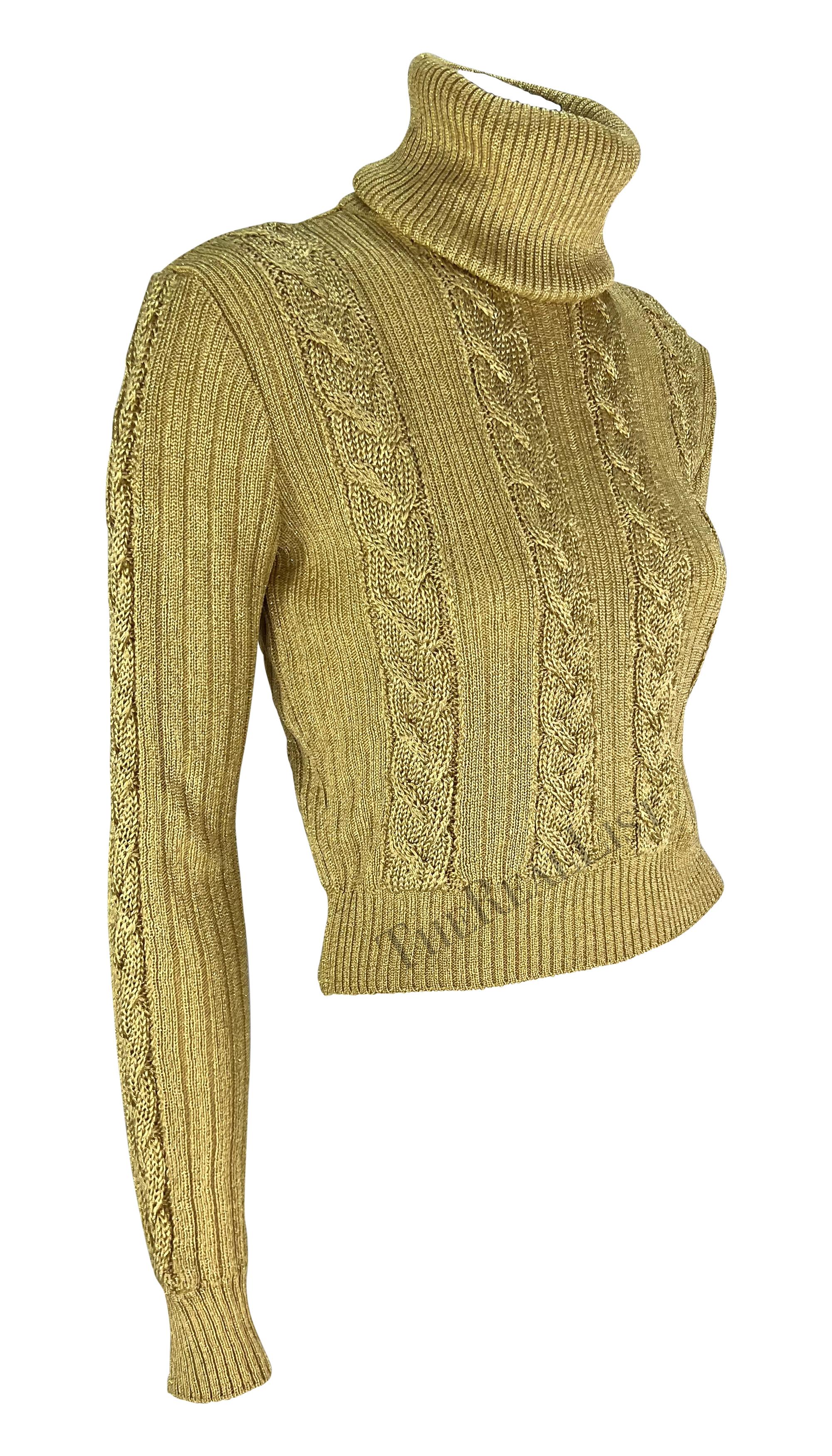 F/W 1994 Gianni Versace Ad Runway Gold Metallic Cable Knit Turtleneck Sweater For Sale 5