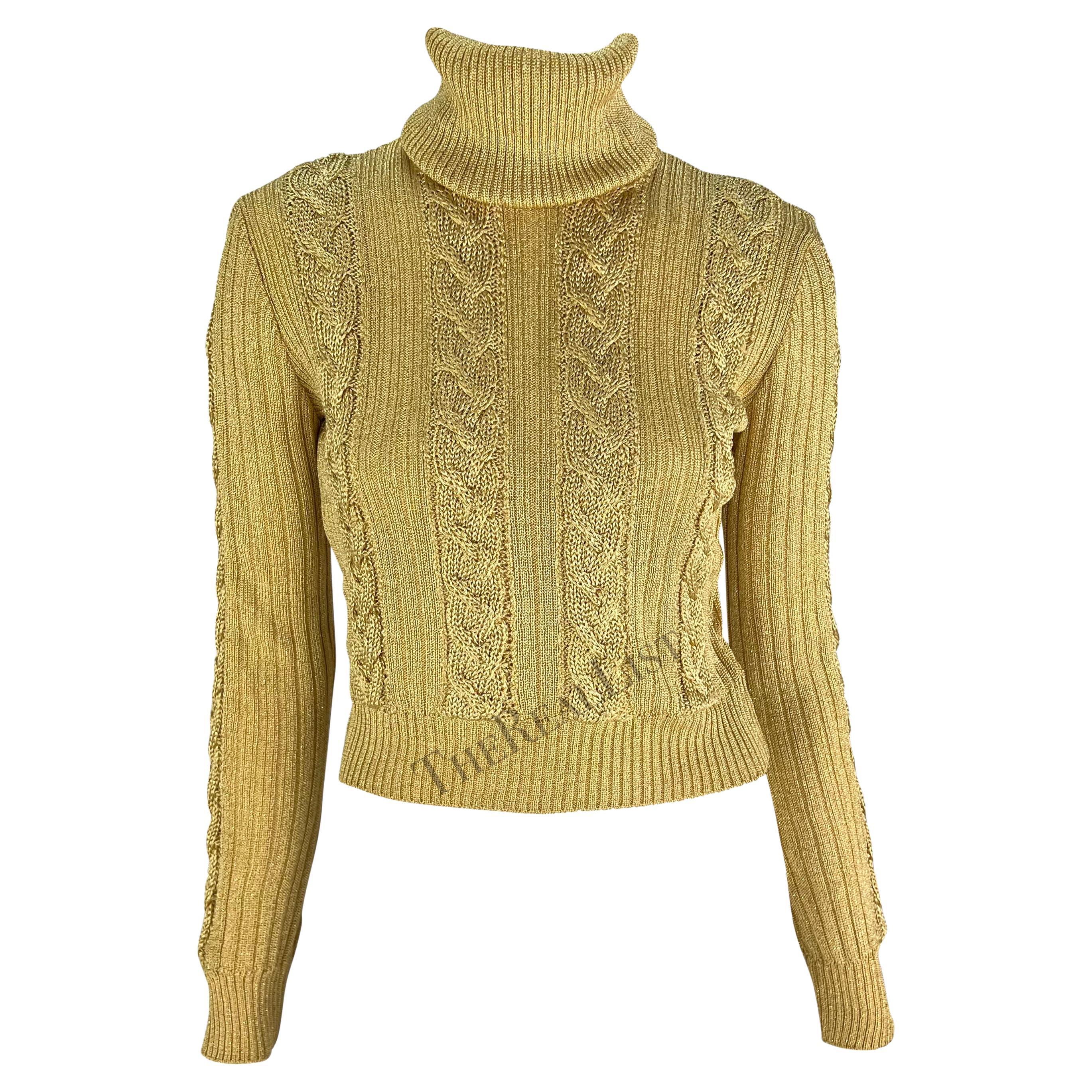 F/W 1994 Gianni Versace Ad Runway Gold Metallic Cable Knit Turtleneck Sweater For Sale