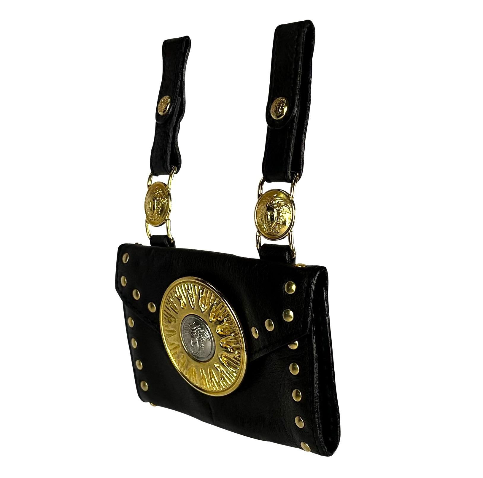 F/W 1994 Gianni Versace Black Leather Gold Stud Medusa Sunburst Mini Belt Bag  For Sale 3