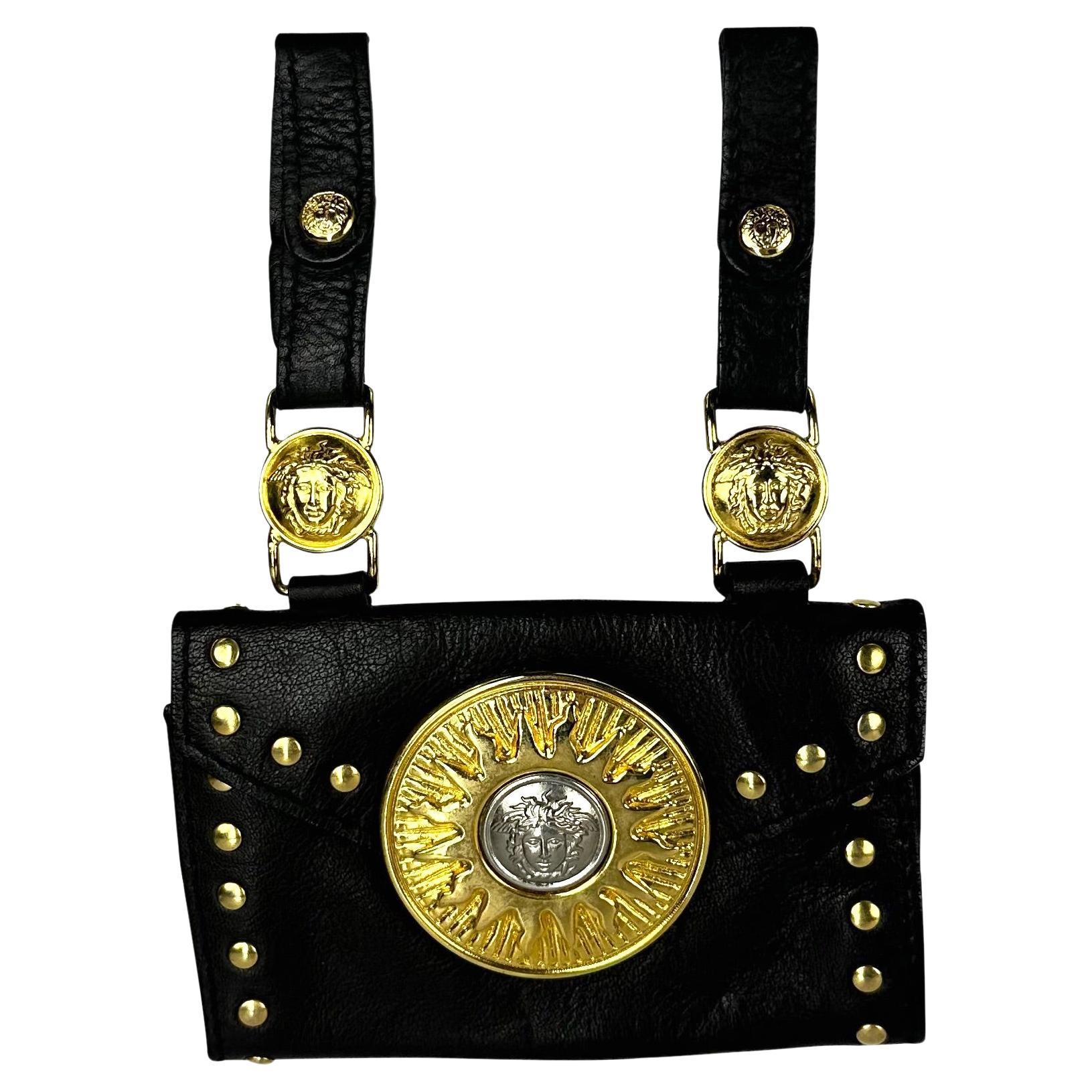 F/W 1994 Gianni Versace Black Leather Gold Stud Medusa Sunburst Mini Belt Bag  For Sale