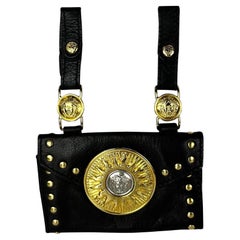Vintage F/W 1994 Gianni Versace Black Leather Gold Stud Medusa Sunburst Mini Belt Bag 