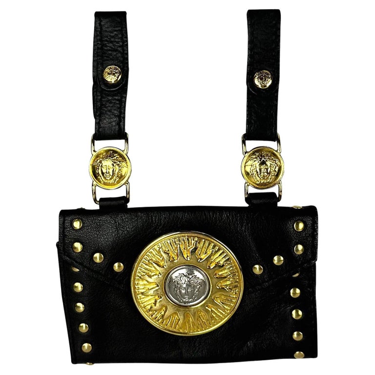 F/W 1994 Gianni Versace Black Leather Gold Stud Medusa Sunburst