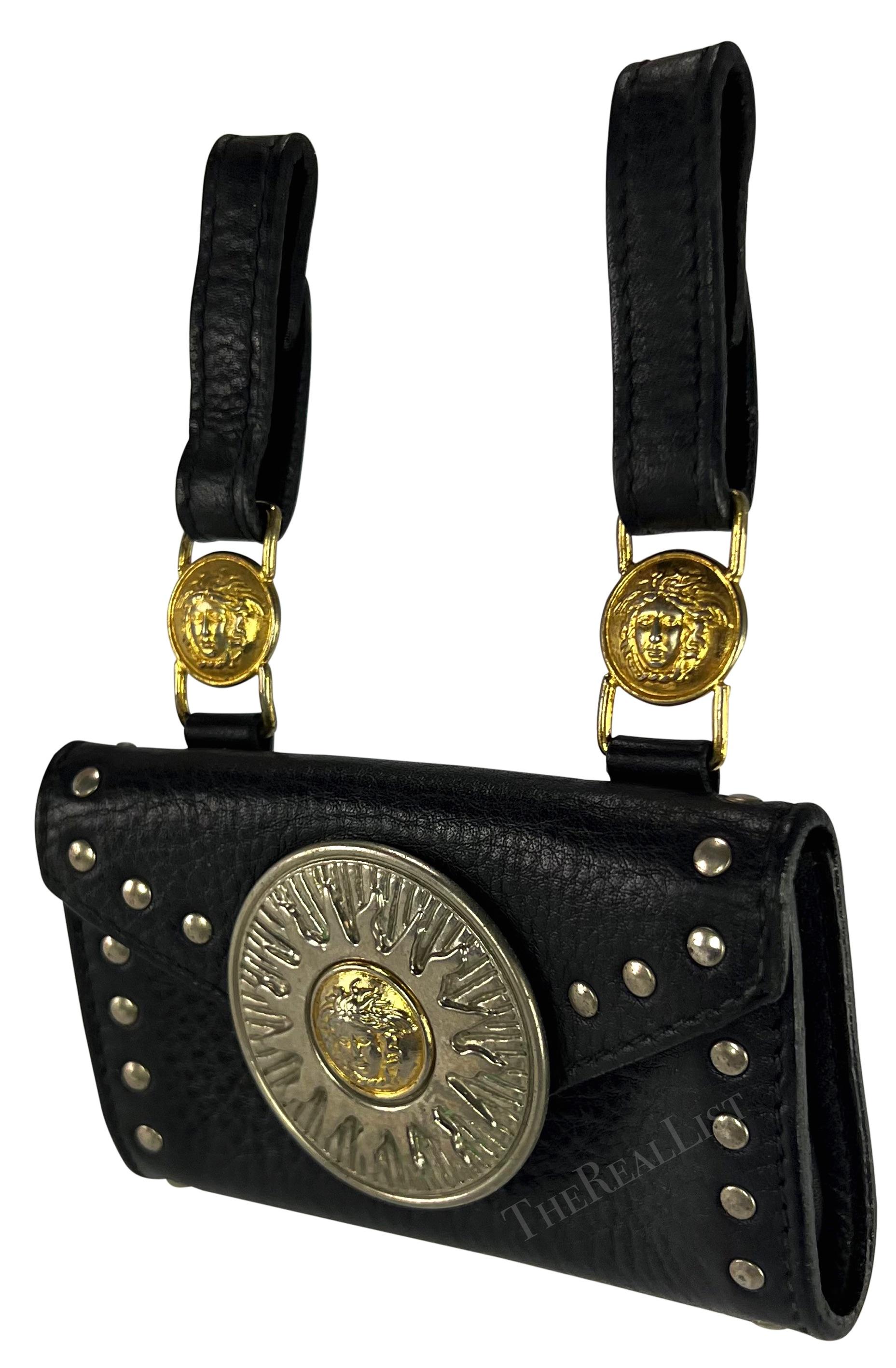 Women's F/W 1994 Gianni Versace Black Leather Gold-Tone Medusa Medallion Belt Bag Pouch For Sale
