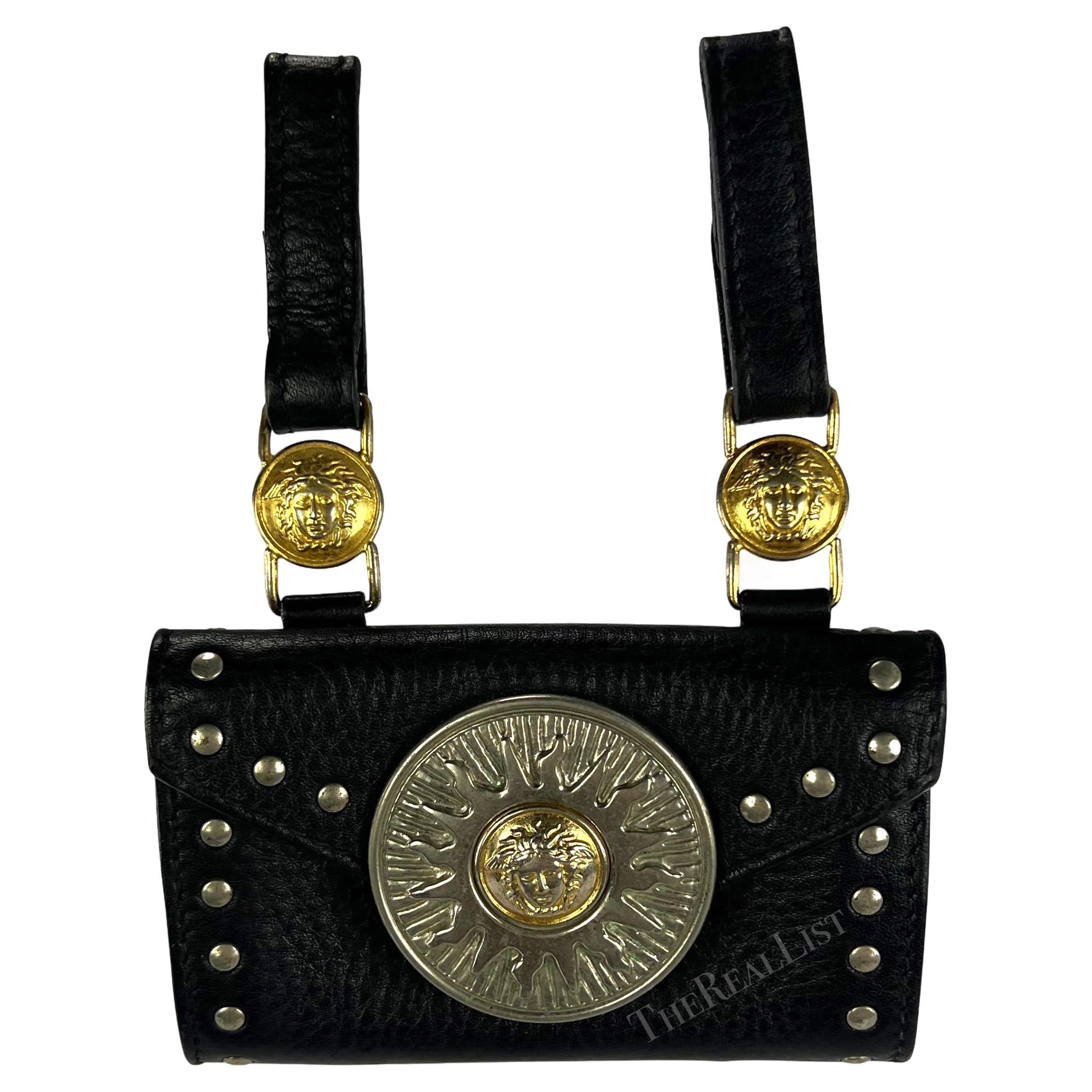 F/W 1994 Gianni Versace Black Leather Gold-Tone Medusa Medallion Belt Bag Pouch For Sale