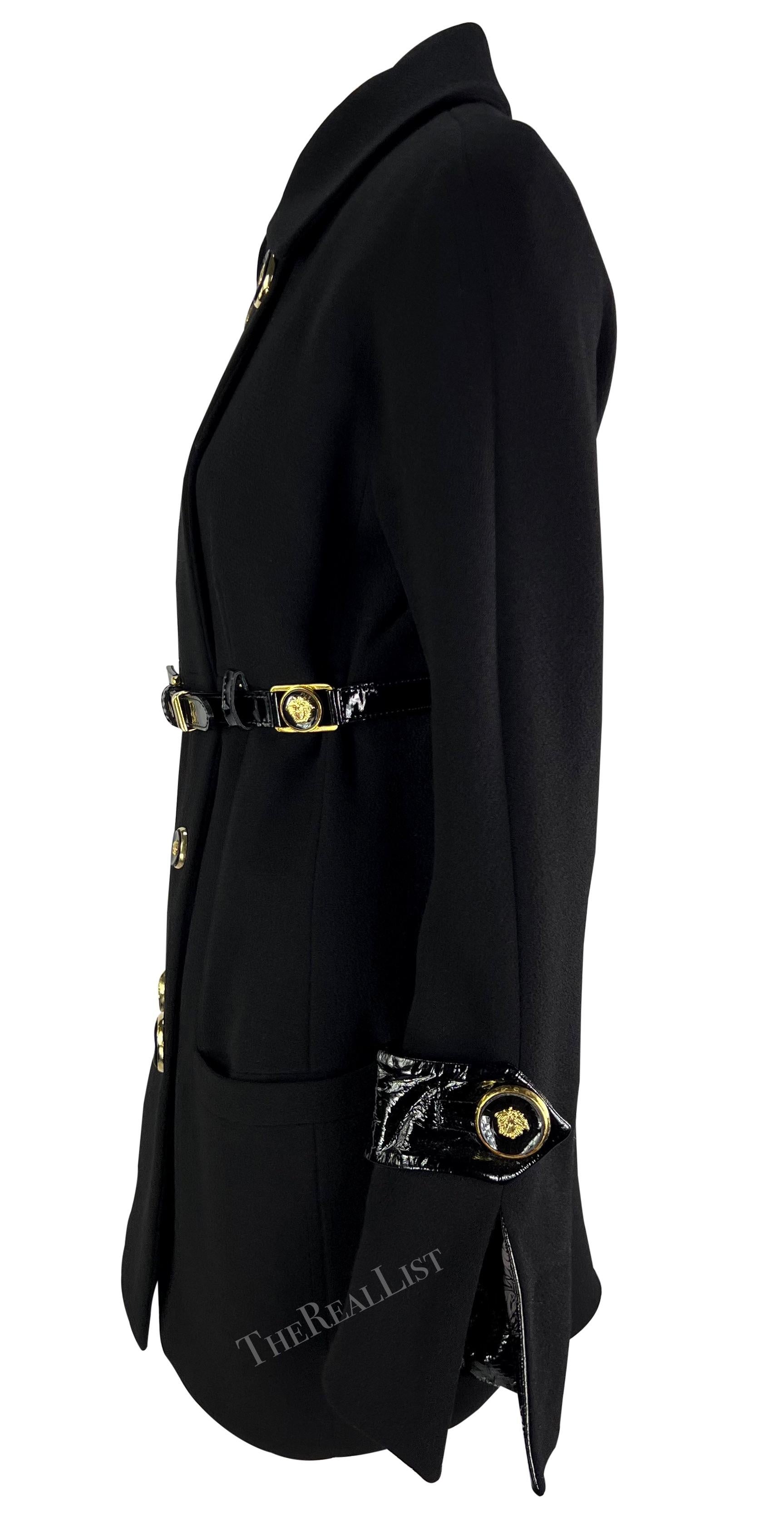 Women's F/W 1994 Gianni Versace Black Patent Leather Belt Gold Medusa Jacket For Sale