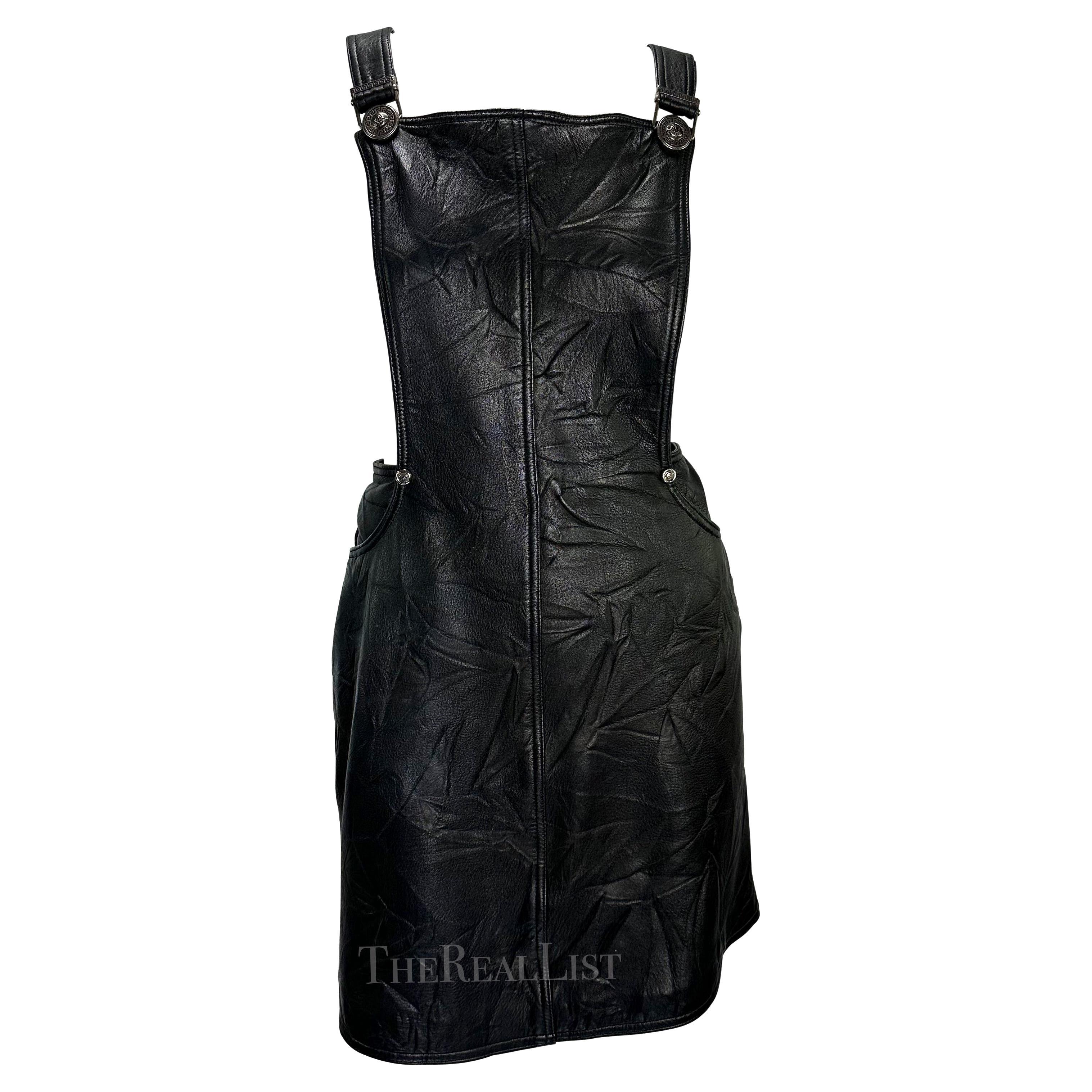 F/W 1994 Gianni Versace Black Wrinkled Leather Medusa Overall Mini Dress For Sale