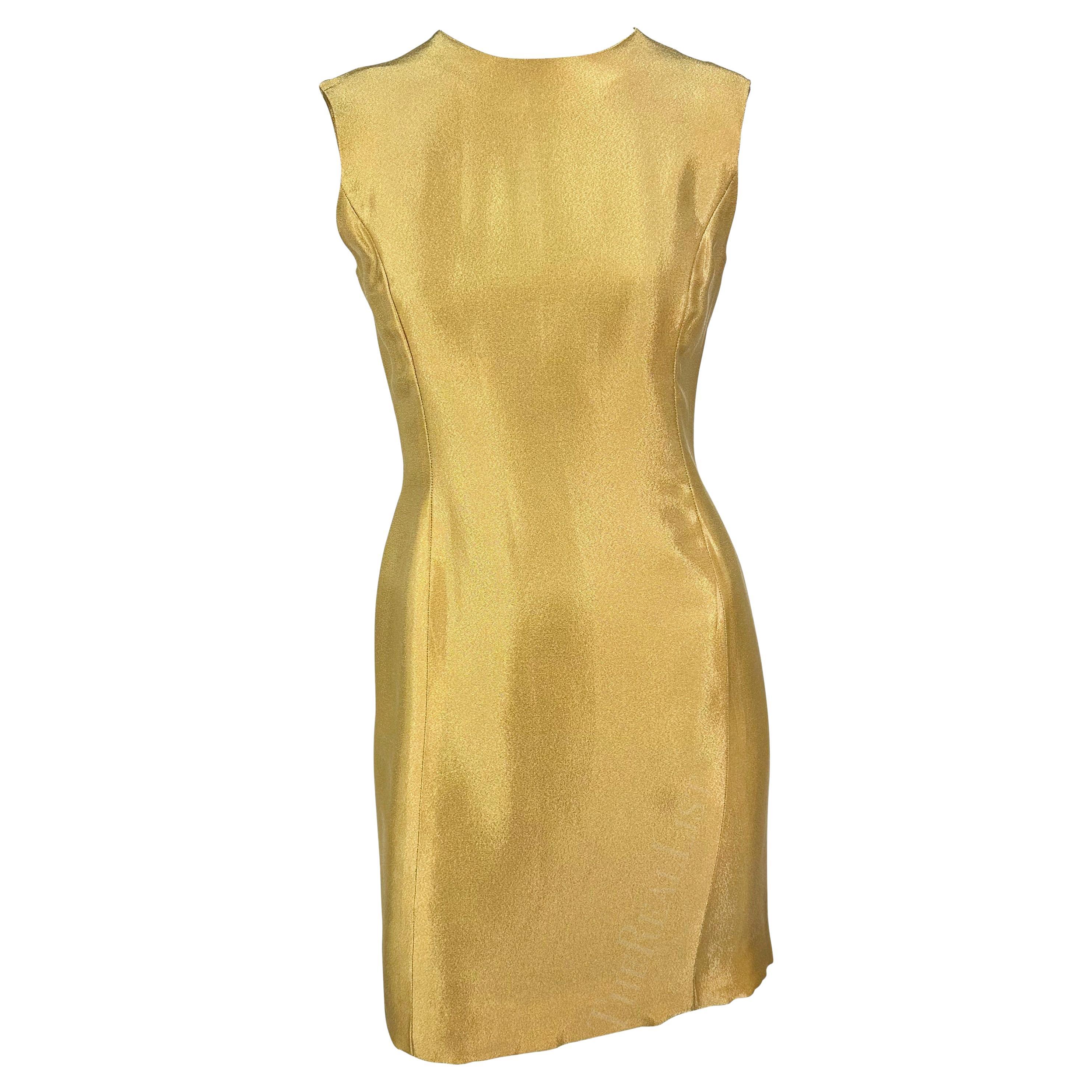 F/W 1994 Gianni Versace Couture Gold Metallic Sleeveless Mini Dress For Sale