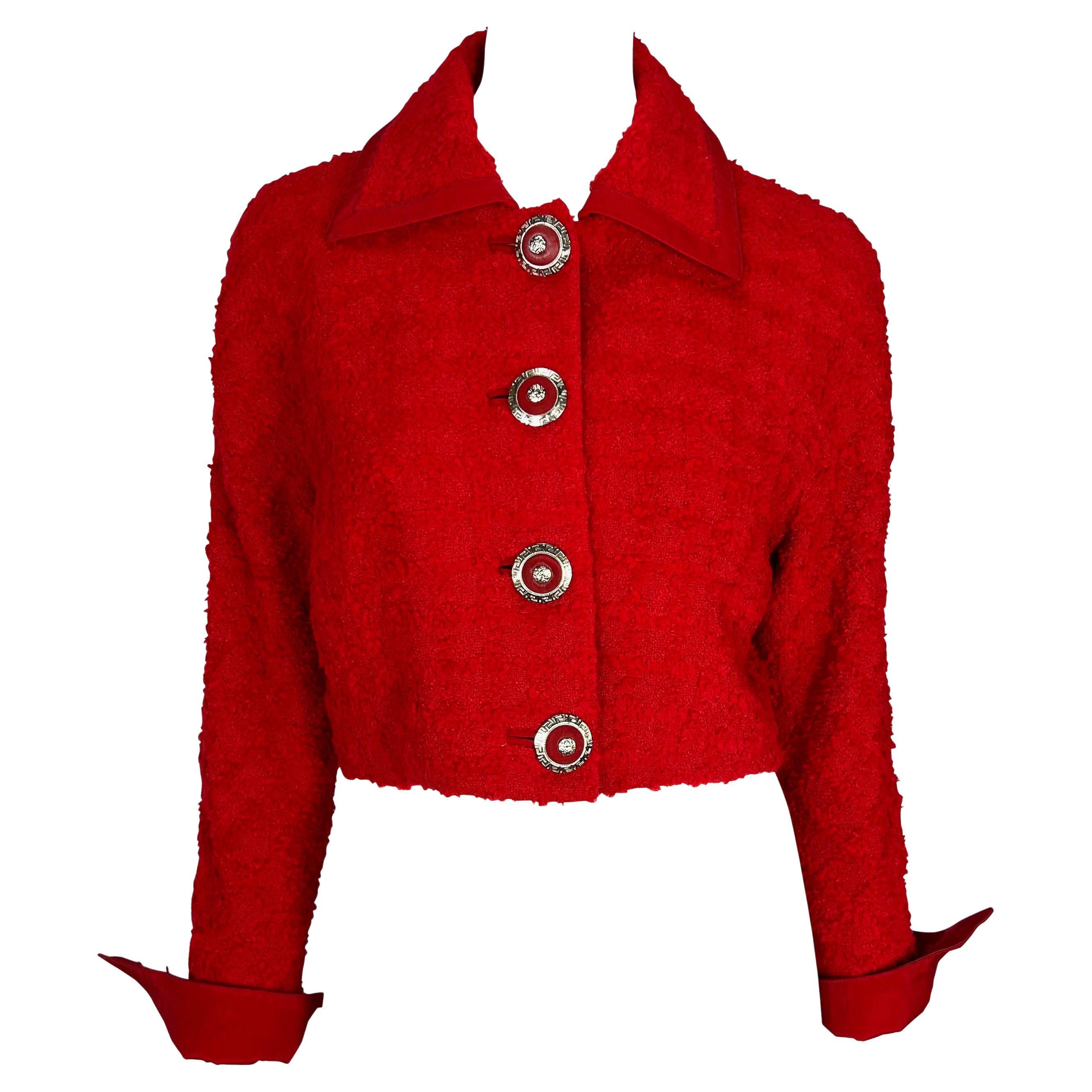 F/W 1994 Gianni Versace Couture Red Bouclé Tweed Cropped Medusa Jacket For Sale